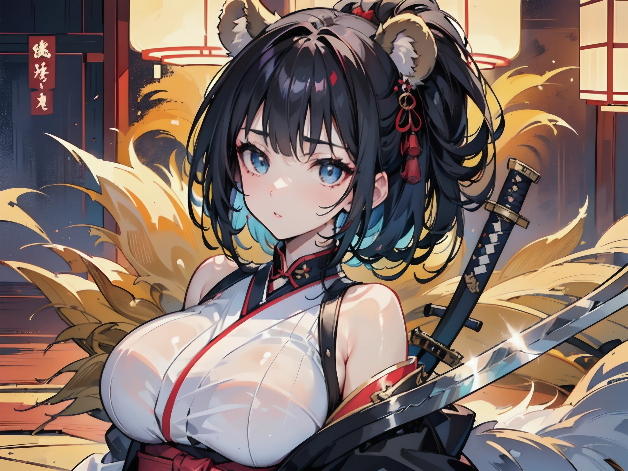 (Photorealsitic:1.4), fullllbody, Dynamic Angle, 1girl in, ((独奏:1.8)), (beautifully detailed eyes), (beautiful and detailed face), Perfect female body, (neat figure:1.2), Slender waist, (18year old),Very big eyes, watery lips, (Sober haori hakama:1.4),(Red neckband and black gauntlet),(Pull a huge Japan sword out of its sheath:1.4),(top-quality), (ultra-detailliert), (masuter piece), (hight resolution), (Original), (the Extremely Detailed CG Unity 8K Wallpapers), Character Design, Game CG, Detailed Manga Illustration, Realistic head-to-body size ratio:1.2