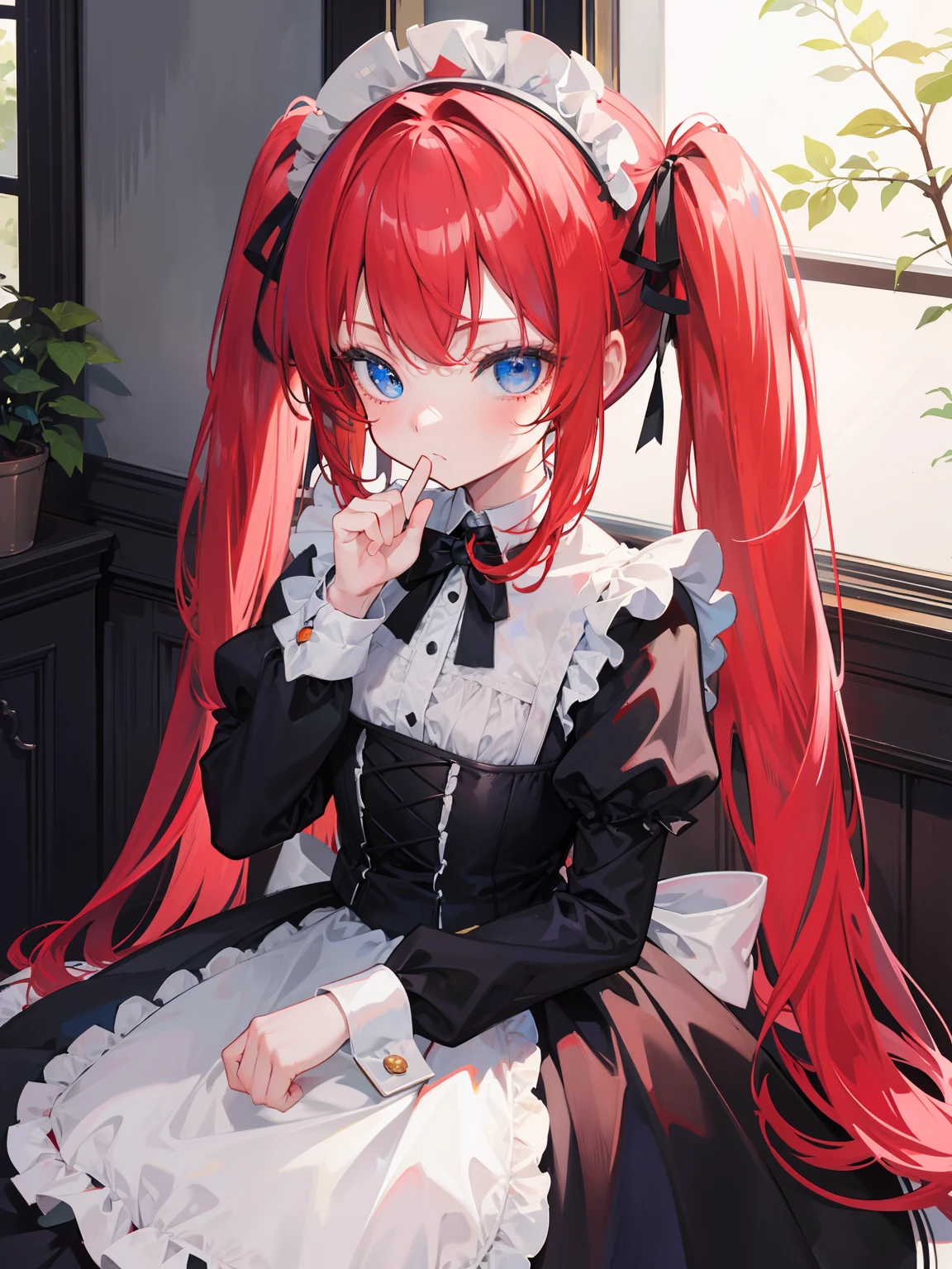{{best quality}}, {{masterpiece}}, {{ultra-detailed}}, {illustration}, {detailed light}, red hair,blue eyes,twintails,maid, long hair, long sleeves, gothic, solo,