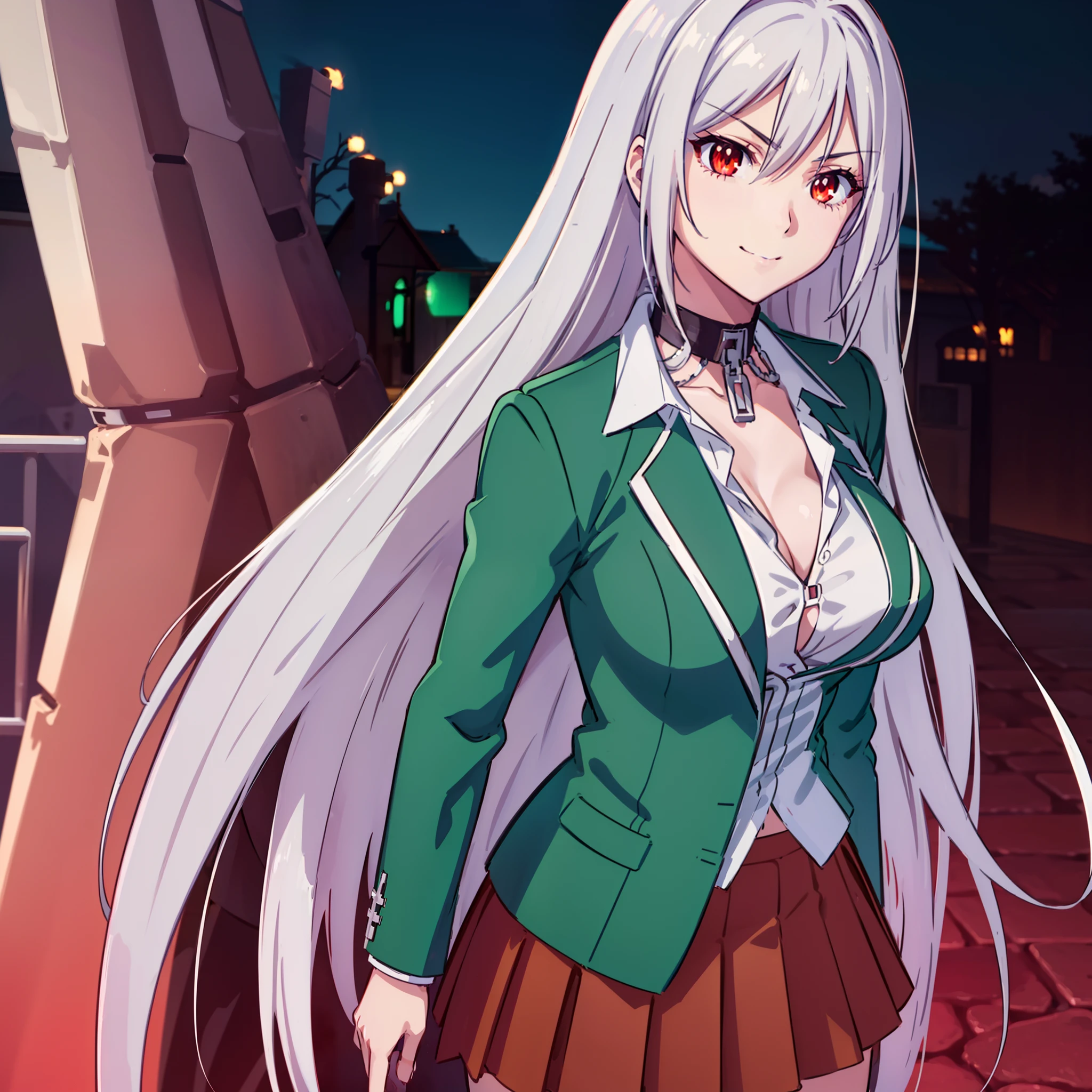 1 girl, moka akashiya, long silver hair, red eyes with slit pupils, large breast, school uniform, green blazer, white shirt, brown skirt with black square pattern, standing, outdoor, smile, cocky expression, castle background,