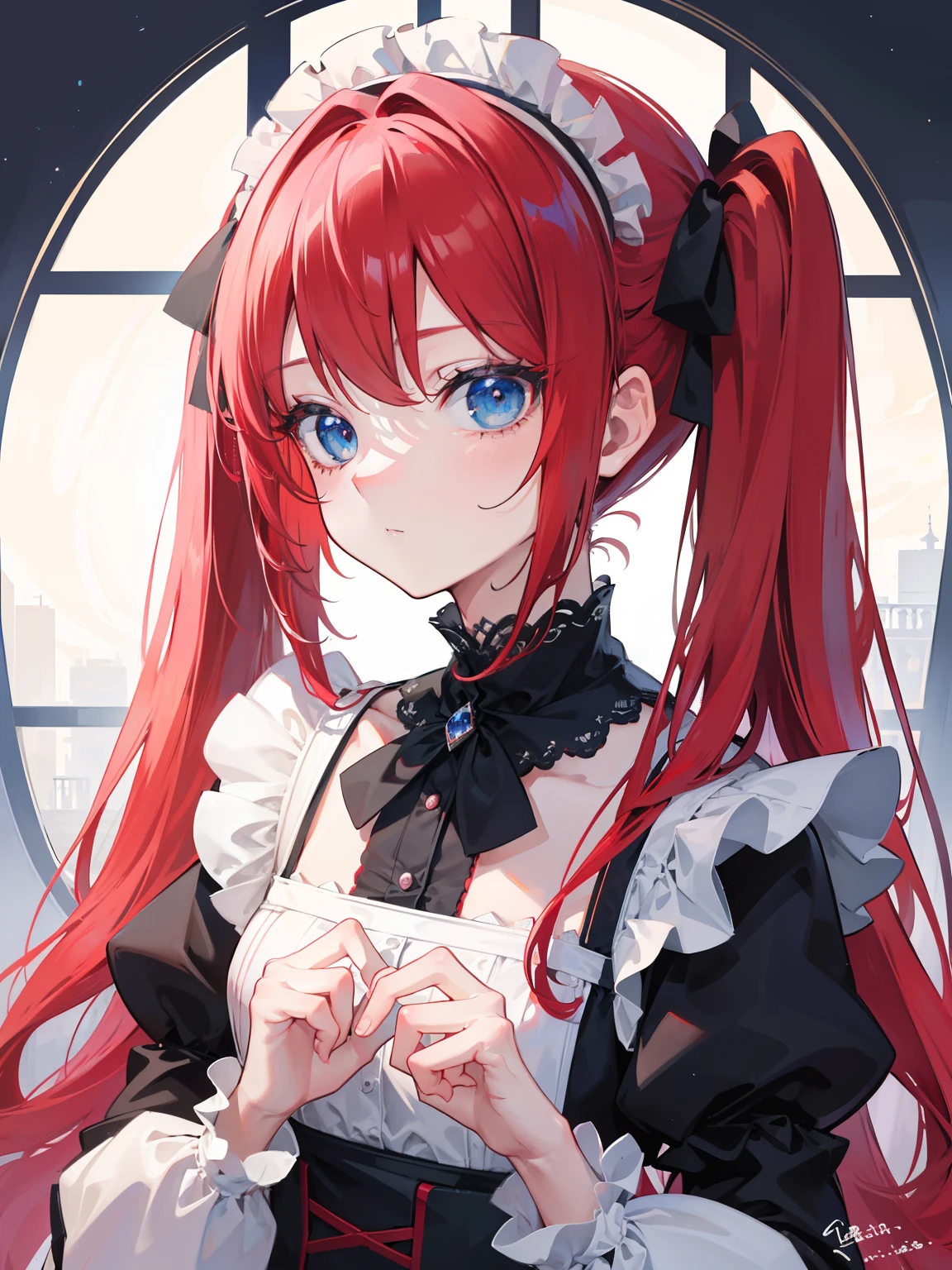 {{best quality}}, {{masterpiece}}, {{ultra-detailed}}, {illustration}, {detailed light}, red hair,blue eyes,twintails,maid, long hair, long sleeves, gothic, solo, loli