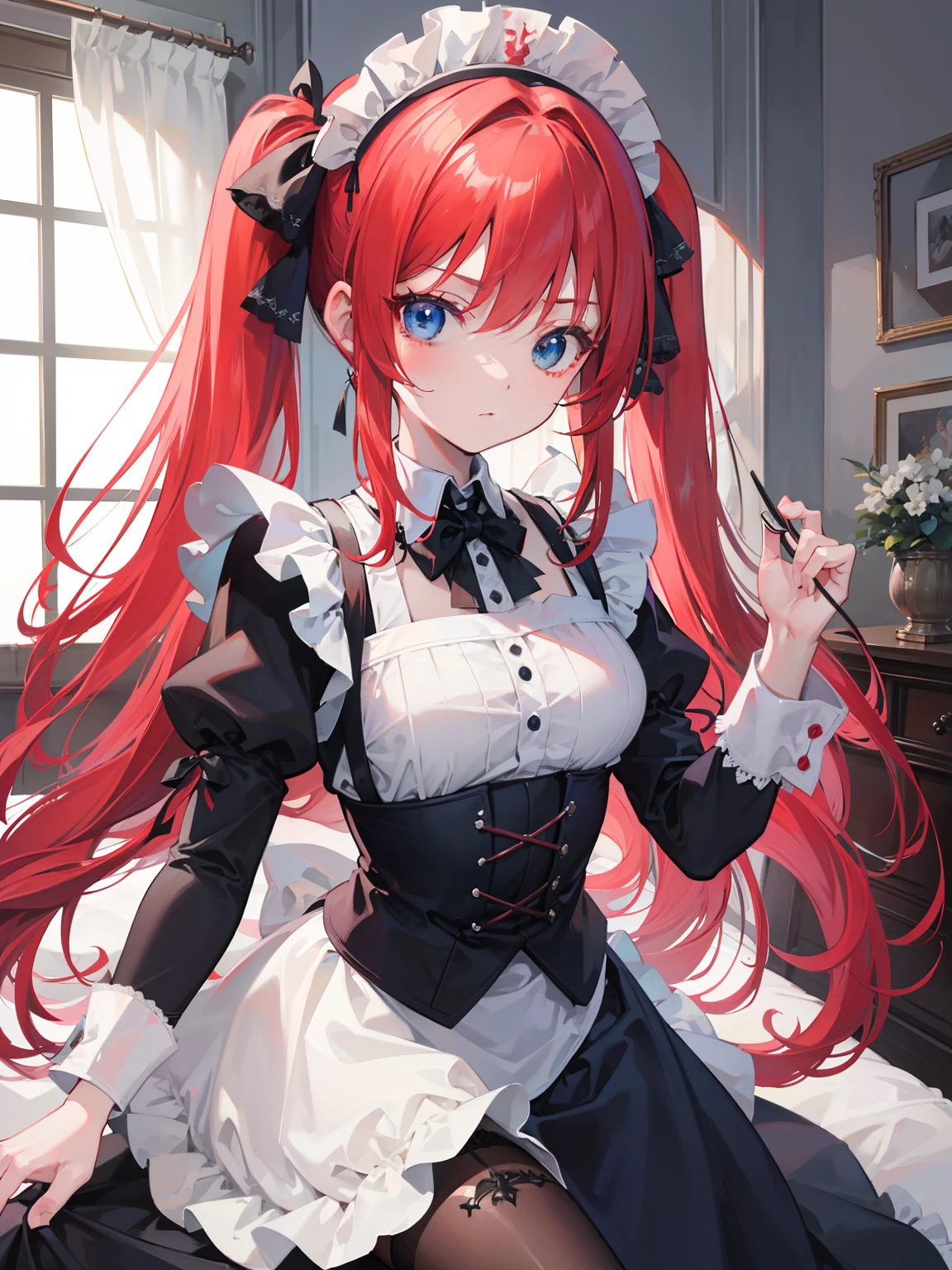 {{best quality}}, {{masterpiece}}, {{ultra-detailed}}, {illustration}, {detailed light}, red hair,blue eyes,twintails,maid, long hair, long sleeves, gothic, solo, loli