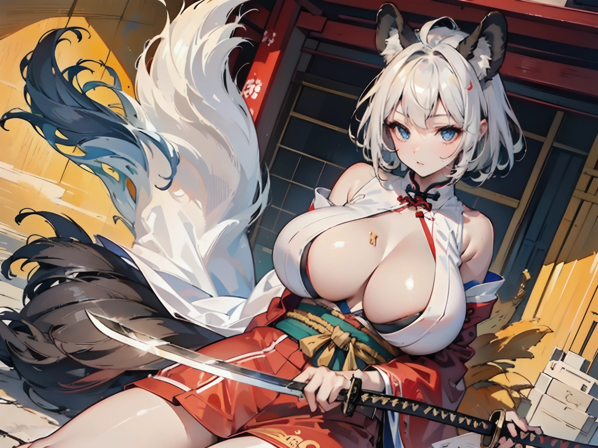(Photorealsitic:1.4), fullllbody, Dynamic Angle, 1girl in, ((独奏:1.8)), (beautifully detailed eyes), (beautiful and detailed face), Perfect female body, (neat figure:1.2), Slender waist, (18year old),Very big eyes, watery lips, (Sober haori hakama:1.4),(Red neckband and black gauntlet),(Pull a huge Japan sword out of its sheath:1.4),(top-quality), (ultra-detailliert), (masuter piece), (hight resolution), (Original), (the Extremely Detailed CG Unity 8K Wallpapers), Character Design, Game CG, Detailed Manga Illustration, Realistic head-to-body size ratio:1.2