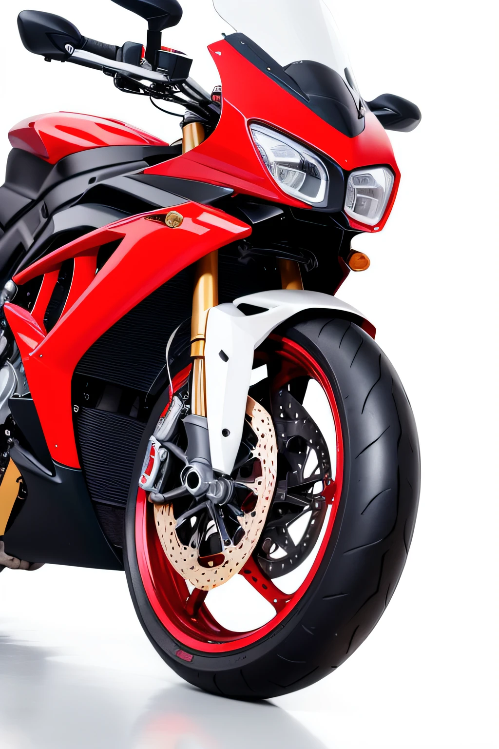 a close up of a motorcycle on a white background with a red and black color scheme, golden rims, golden exhaust, gold and red suspension, evangelion custom decals, hyper realistic background, background removed, background hyper detailed, hyperrealistic image, hyper realistic color photo, hyper photo realistic, hyper realistic style, motorcycle, hyperrealistic picture, photoshoped, on clear background