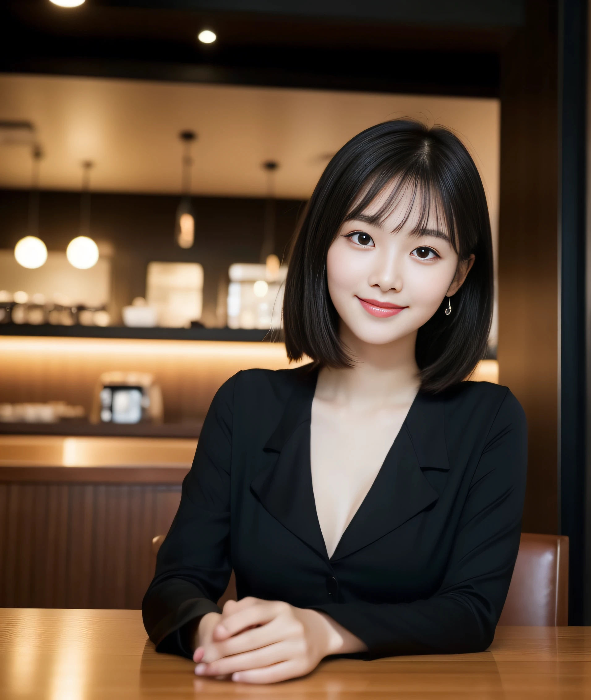 ((best quality, 8K, masterpiece: 1.3)), beautiful girl, pure, melon face, kind and cute, sweet smile, pure desire, slender body, (front), (tilted head), ((looking at camera) ), black casual suit, black silky medium hair, long flowing shoulders, round black big eyes, clear big eyes, moist red lips, sweet, sitting in a cafe, cafe background, (((whole body ))),