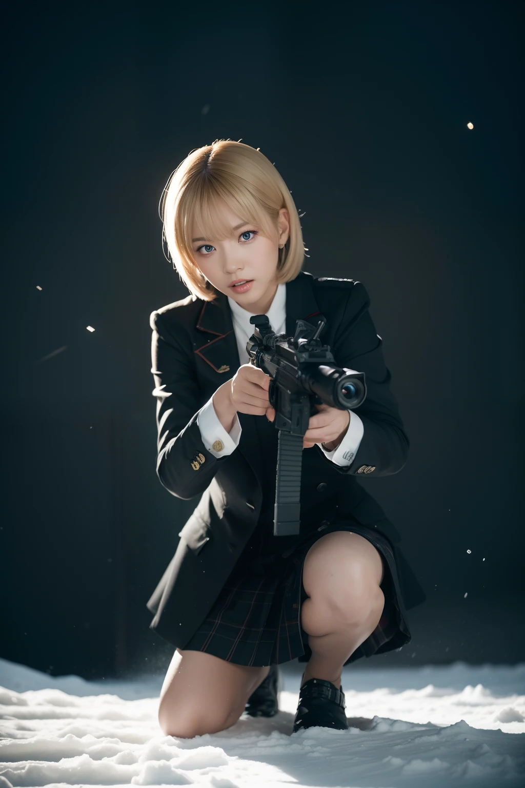 （（Squat on one knee，Shooting status with a rifle in hand）），Wild snow，((Masterpiece:1.2, Best quality)),Movie,offcial art,promotional art,movie wallpapers,（A blonde girl is in ）, （White suit dress，Double-breasted style，Pleated skirt hem）,Uniform cover， Exposing thighs,185cm. Shot in the snow in cinematic style,  The color temperature is cool，Slightly bluish tint, Convey a feeling of indifference and tension. The lighting is dramatic，There are harsh shadows and highlights, . Shot with a Sony A7R IV camera，The aperture is f/2.8, ISO 1600, a shutter speed of 1/200th of a second. UHD dtm HDR 8k.