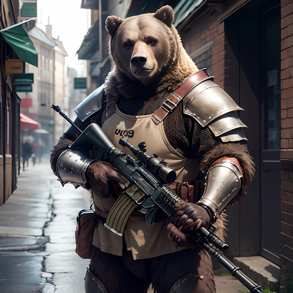 a grizzly bear, wearing medieval armor, holding a yellow m416 gun, 4k, ultra hd