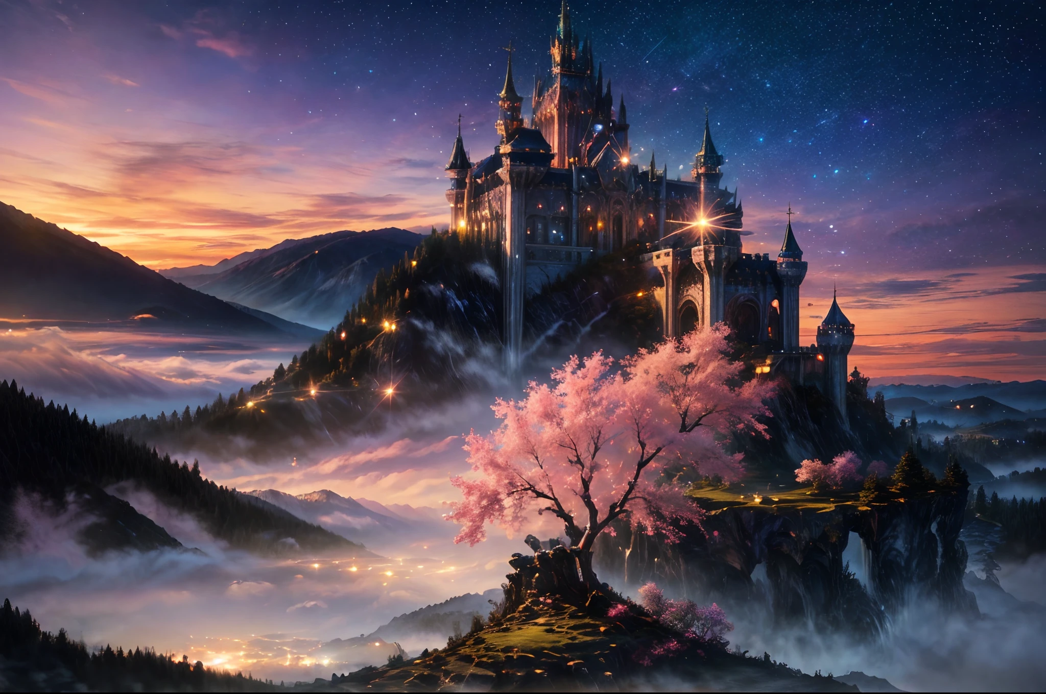 Generate a realistic fantasy landscape with beautiful, ornate romantic buildings, floating islands, crystalline waterfalls streaming from the floating islands, and a dreamy landscape of highly detailed flowers and dreamy watercolors. This is the (((romantic))) realm of the gods. (((The castles look like they are carved from shimmering marble, with distinct and complex details adding to their realism.))) Cotton candy clouds wisp into beautiful glittering stars across the colorful sky, with mesmerizing pink and purple celestial lights creating an enchanting atmosphere. Include many different levels and high visual interest. The environment is large and awe-inspiring, and this is a macro shot. The general ambience is peace, tranquility, and highly detailed sweetness. Include interesting fantasy elements with colors that complement the rest of the landscape. The sky should be very detailed. The landscape should very detailed. All buildings should be ornate with complex and intricate details. Include a luminous and magical atmosphere, magic bubbles, shimmering colors, many small fantasy details including iridescence, expertly created majestic landscapes, and shimmer and glimmer. Include lots of vibrant colors and vaguely surreal details. Camera: Utilize dynamic composition to create interest and excitement. CGI, unreal engine, unity engine, (((masterpiece))), high resolution, 8k, best quality, high quality, highres, 16, RAW, ultra highres, ultra details, finely detail, an extremely delicate and beautiful, extremely detailed, real shadow, anime, highly detailed painted, award-winning glamour painting, wonderful painting, art style, stylized