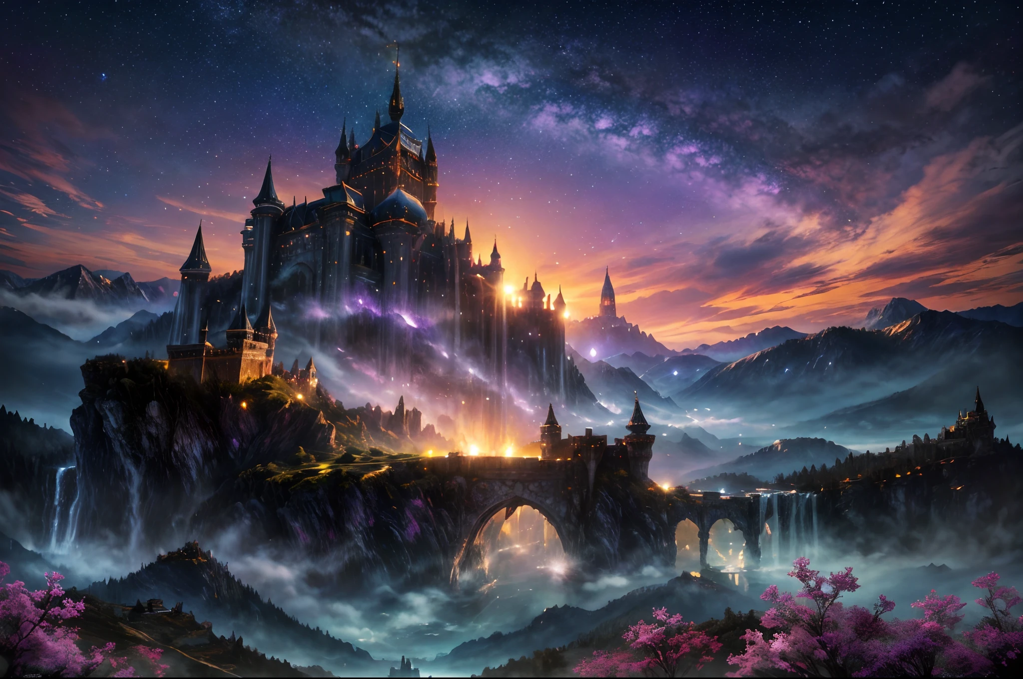 Generate a realistic fantasy landscape with beautiful, ornate romantic buildings, floating islands, crystalline waterfalls streaming from the floating islands, and a dreamy landscape of highly detailed flowers and dreamy watercolors. This is the (((romantic))) realm of the gods. (((The castles look like they are carved from shimmering marble, with distinct and complex details adding to their realism.))) Cotton candy clouds wisp into beautiful glittering stars across the colorful sky, with mesmerizing pink and purple celestial lights creating an enchanting atmosphere. Include many different levels and high visual interest. The environment is large and awe-inspiring, and this is a macro shot. The general ambience is peace, tranquility, and highly detailed sweetness. Include interesting fantasy elements with colors that complement the rest of the landscape. The sky should be very detailed. The landscape should very detailed. All buildings should be ornate with complex and intricate details. Include a luminous and magical atmosphere, magic bubbles, shimmering colors, many small fantasy details including iridescence, expertly created majestic landscapes, and shimmer and glimmer. Include lots of vibrant colors and vaguely surreal details. Camera: Utilize dynamic composition to create interest and excitement. CGI, unreal engine, unity engine, (((masterpiece))), high resolution, 8k, best quality, high quality, highres, 16, RAW, ultra highres, ultra details, finely detail, an extremely delicate and beautiful, extremely detailed, real shadow, anime, highly detailed painted, award-winning glamour painting, wonderful painting, art style, stylized