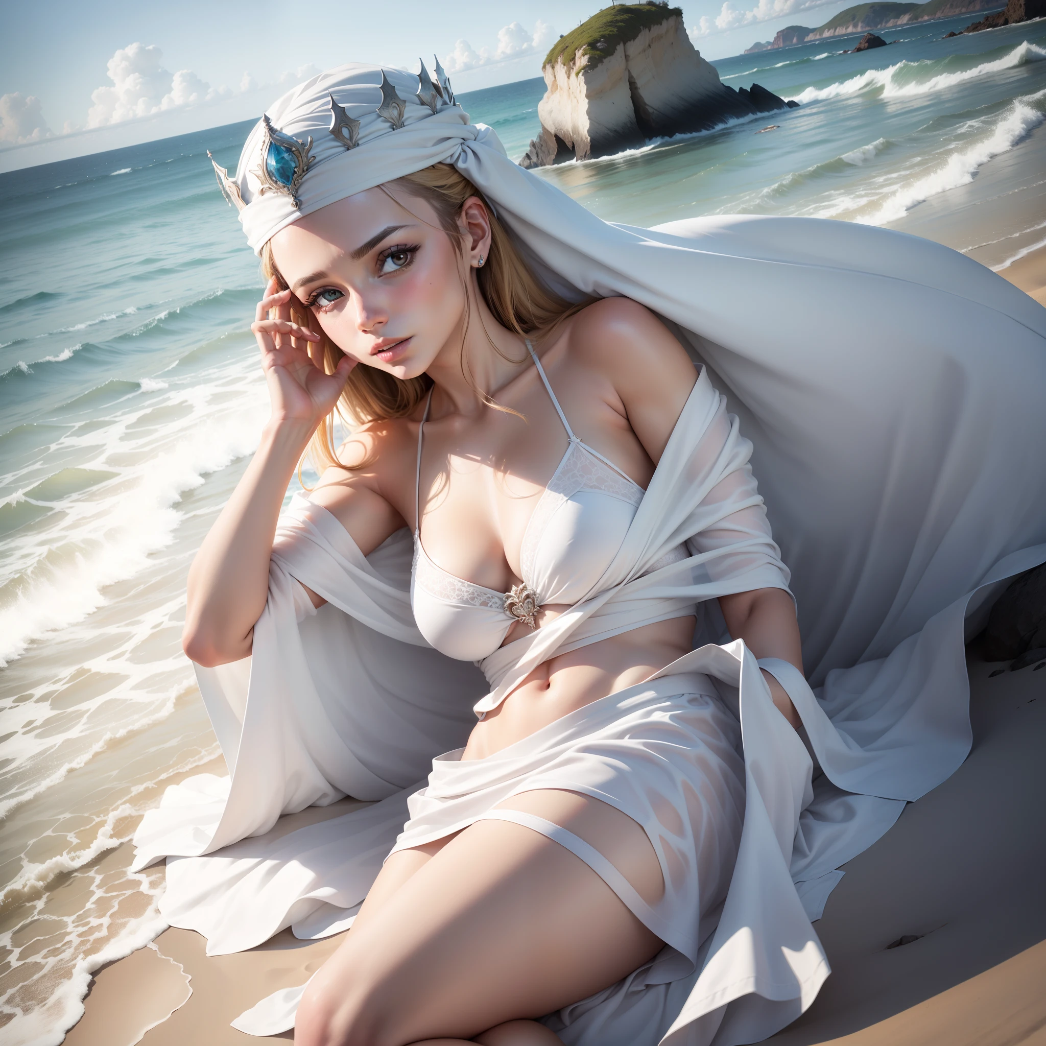 Crie a imagem de uma mulher em foto retrato com a praia de fundo, wearing white and with a crown on his head