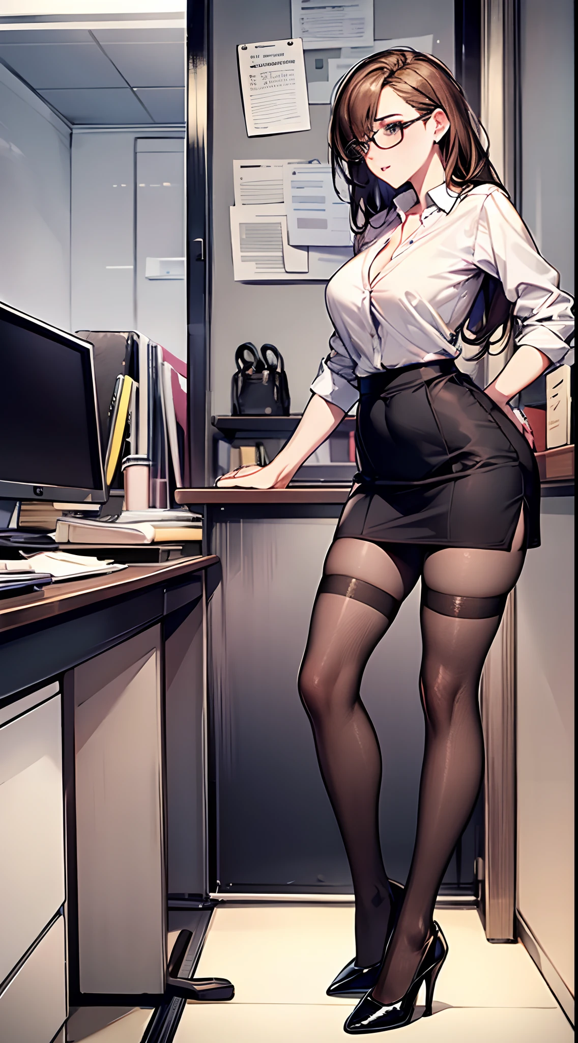 full body photo of a beautiful sexy secretary wearing extremely short skirt and seamed stockings, stands straight, ((solo)), adult, in the office, high heels, craves sex, strokes herself