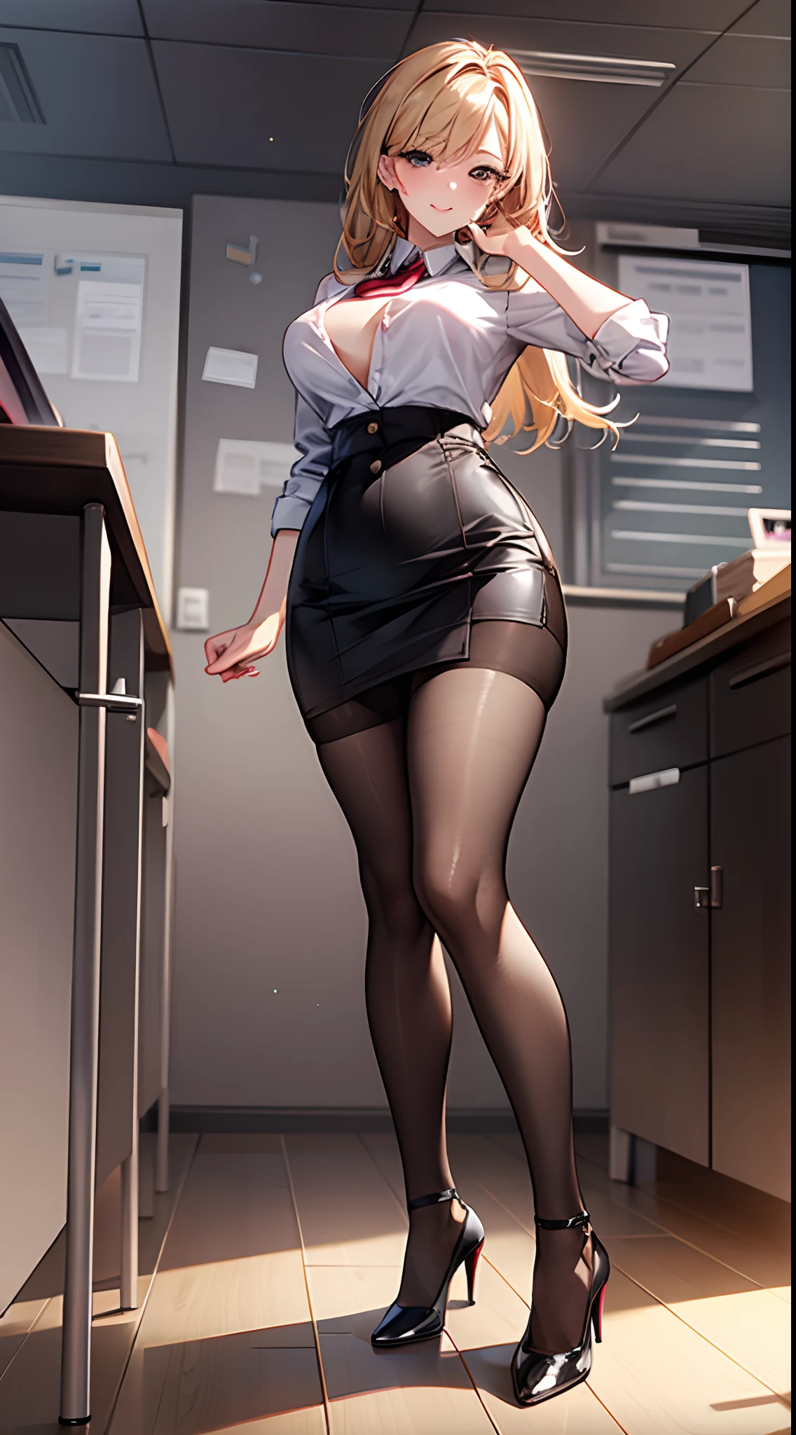 full body photo of a beautiful sexy secretary wearing extremely short skirt and seamed stockings, stands straight, ((solo)), adult, in the office, high heels, craves sex, strokes herself