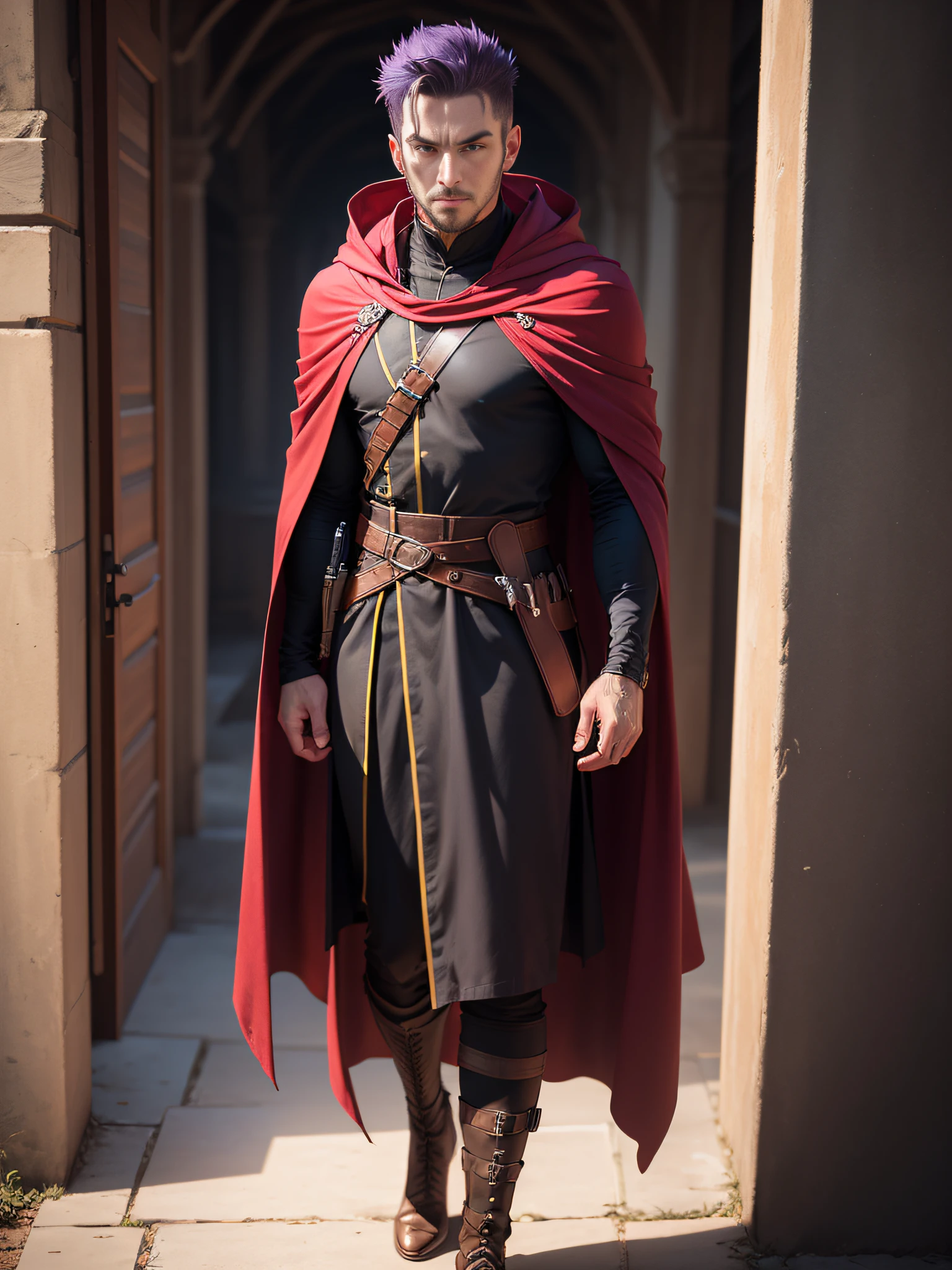 (((masutepiece, Best Quality, ultra-detailed))), full body shot, concept art, flat color, no shadow, (Male talented assassin standing, solo, neutral pose, Unapproachable vibe, Serious, Perfect fingers, Perfect hands, Looking at Viewer), 30 years old, (Medieval assassin costume, long assassin cloak,  stall), transparent background, Purple hair, Very short hair, Male face, villain's face, Forehead, no bangs, male eyebrows, Male Eyes, sharp nose, adam's apple, (Sharp eyes), Red pupils glowing, no weapon,