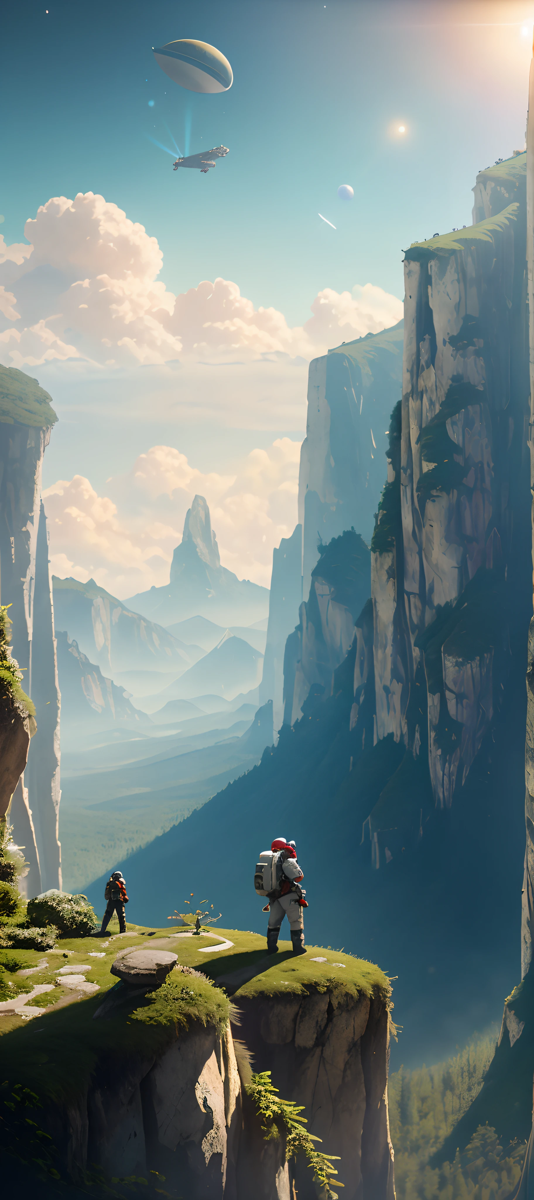(35mmstyle:1.2), Highly detailed RAW color Photo, rear angle, full bodyesbian, af (Female space marine, Wearing a white and red spacesuit, futuristic helmet, Tin plated mask, Rebreathers, accentuated booty), Outdoors, (Stand on the cliffs of the tall Rocky Mountains, Gaze out over the magical lush green rainforest on an alien planet), vivd details, (Exotic alien planet), Slim and beautiful body, (Sci-fi), (Mountains:1.1), (lush green vegetation), (two moons in sky:0.8), (Highly detailed, ultra - detailed, Intricate), (Lens flare:0.7), (full bloom:0.7), particle fx, Ray traching, Cinematic lighting, Shallow depth of field, photographed on a Sony a9 II, 35mm wide angle lens, Sharp focus, 《Gravity 2013》cinematic Film still from, Watching from behind, Dynamic Angle