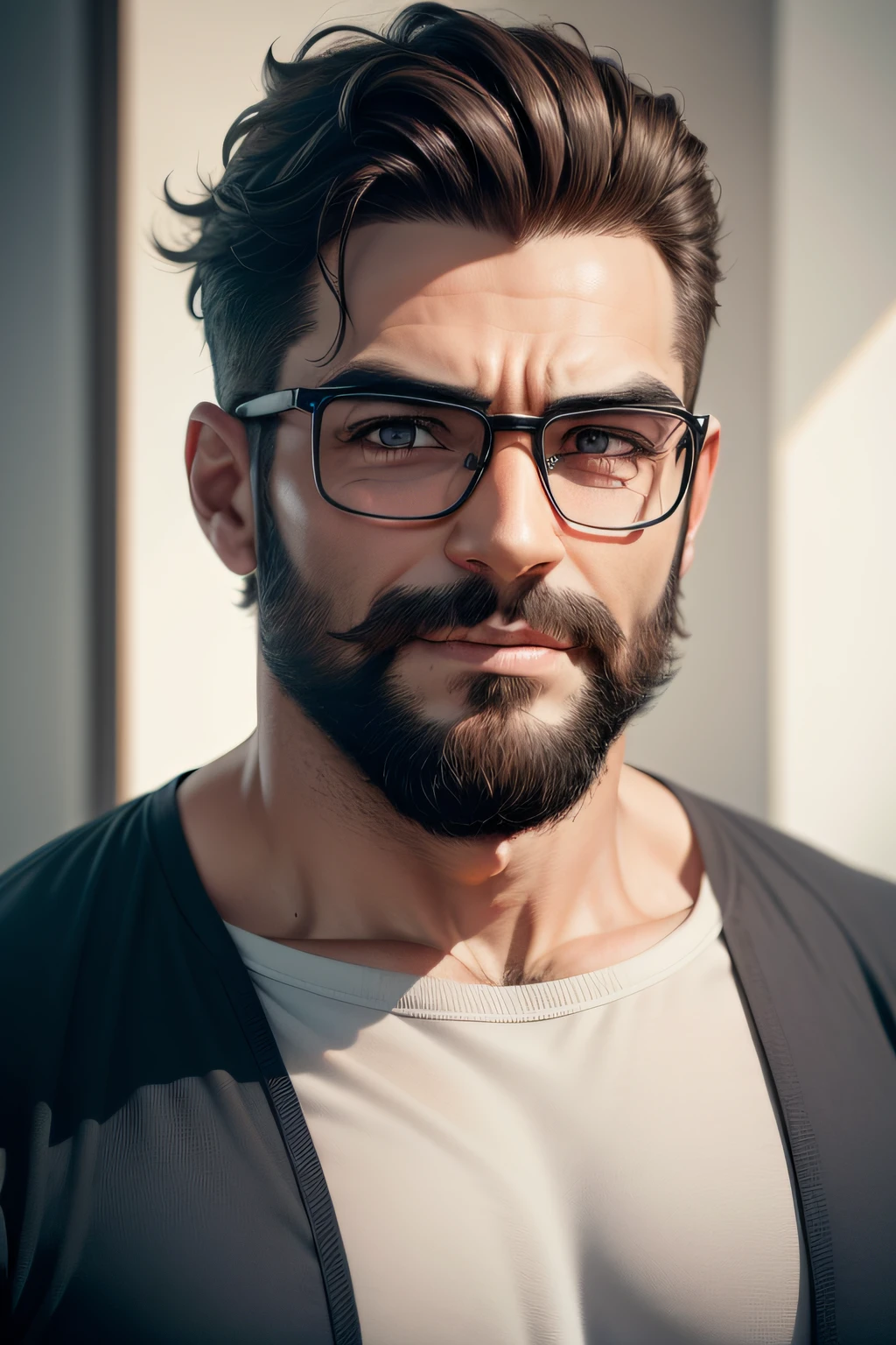 homem de 29 anos barba rala usando oculos,musculoso com camisa preta, ultra realista 4k