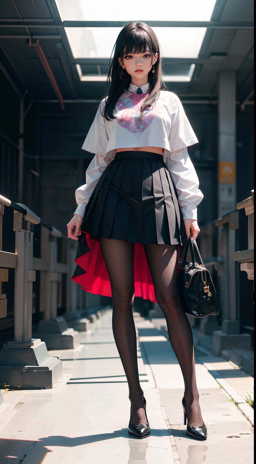 (full body:1.5),(looking at viewer:1.4),(anatomy correct:1.3),(In the paradise of the day:1.3),(Wearing Very thick Printed Pantyhose and JK Student Dress Printed Pleated Skirt and JK uniform leather shoes,and a large amount of jewellery :1.3), (A high jump posture:1.3),(In pink|amarelo|blue colors|green color|red colour|white colors|black in color|purpleish color|greys|Beige|Flesh color 1.4),,(Accurate and perfect face:1.4),(Clothing Gloss:1.25),(Skin reflection:1.25),hyper HD, Ray traching, reflective light,structurally correct, Award-Awarded, high detal, lightand shade contrast, Face lighting,cinmatic lighting, tmasterpiece, super detailing, high high quality, high detal, best qualityer, 16k,high contrast,