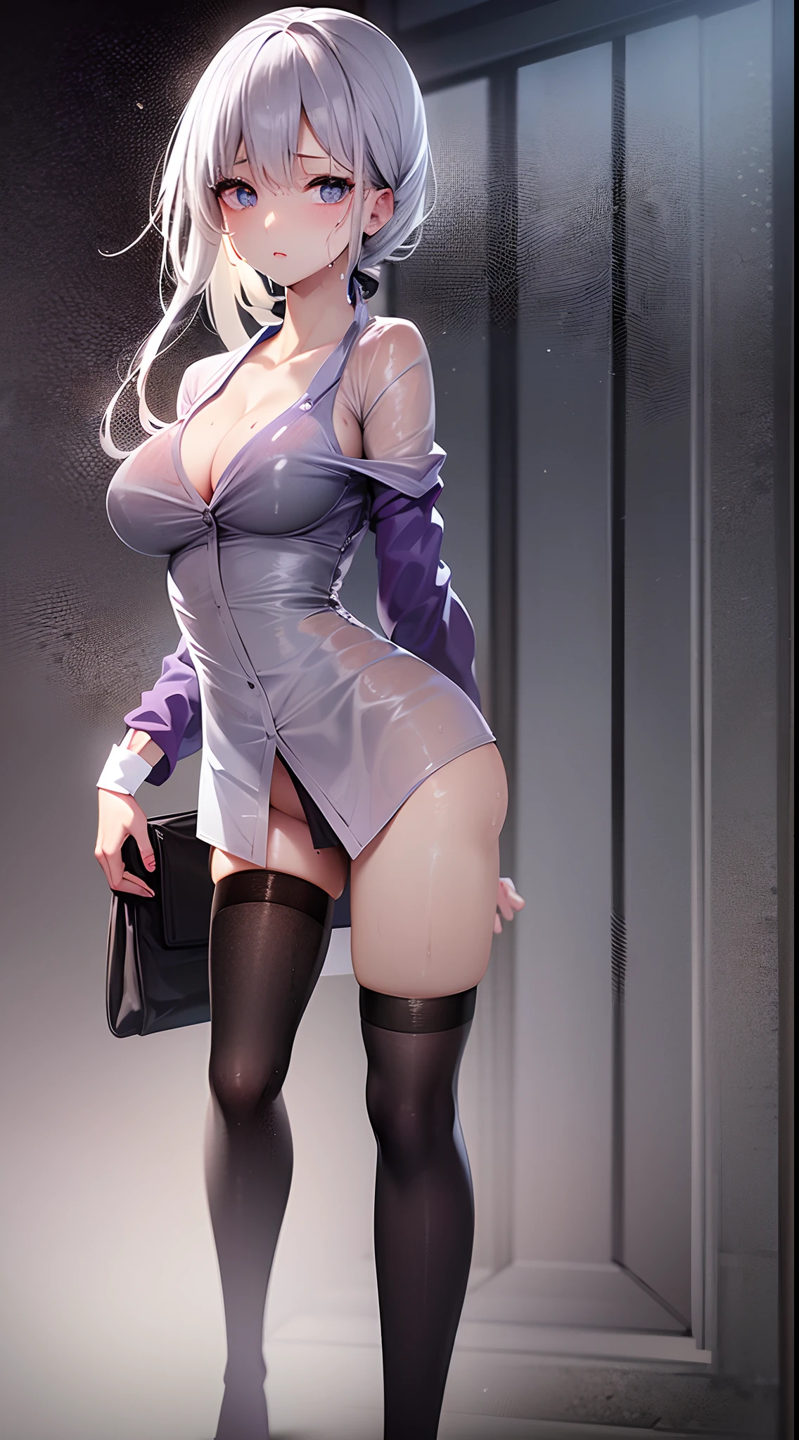 Girl in purple wet kimono office shirt and light gray tight pleated slim skirt, satin, fur, (((black)) stockings), decollete, natural breasts, slim body, zettai ryouiki, white hair, blue eyes, ((wet:1.4)), portrait, most realistic, highest quality, best pixels, 8k ultra