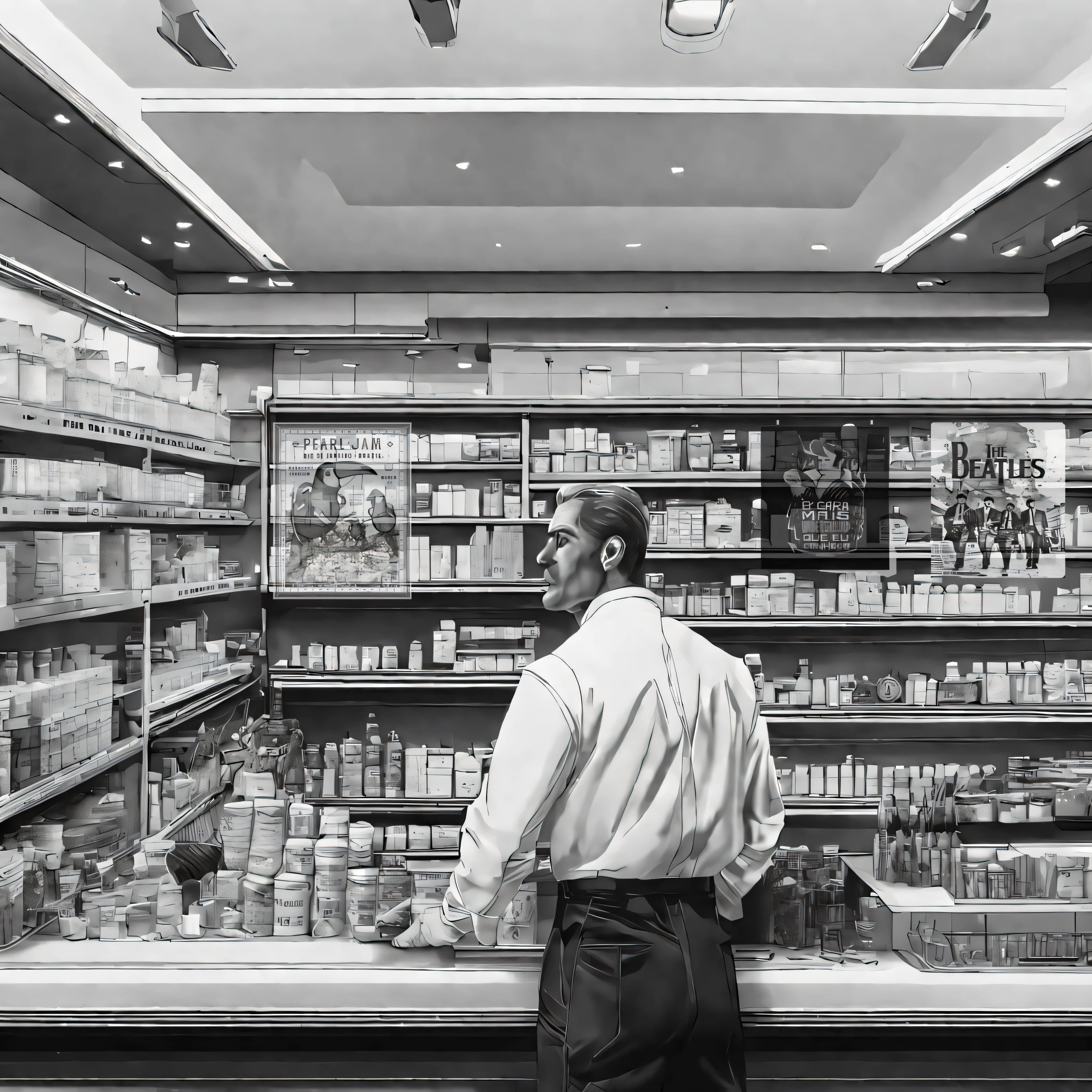 homem arafed em uma loja olhando para produtos em uma loja, Nestor Canavarro hiper-realista, inspirado por Thomas Struth, Fotografia de hiper-realismo, Hyper-realism of the fine arts, Directed by: Laurie Lipton, Photographic hyperrealism, arte hiper-realista, inspirado em Larry Fink, pintura hiper-realista, inspirado em Laurie Lipton, Directed by: Kurt Seligmann, hiper - realista