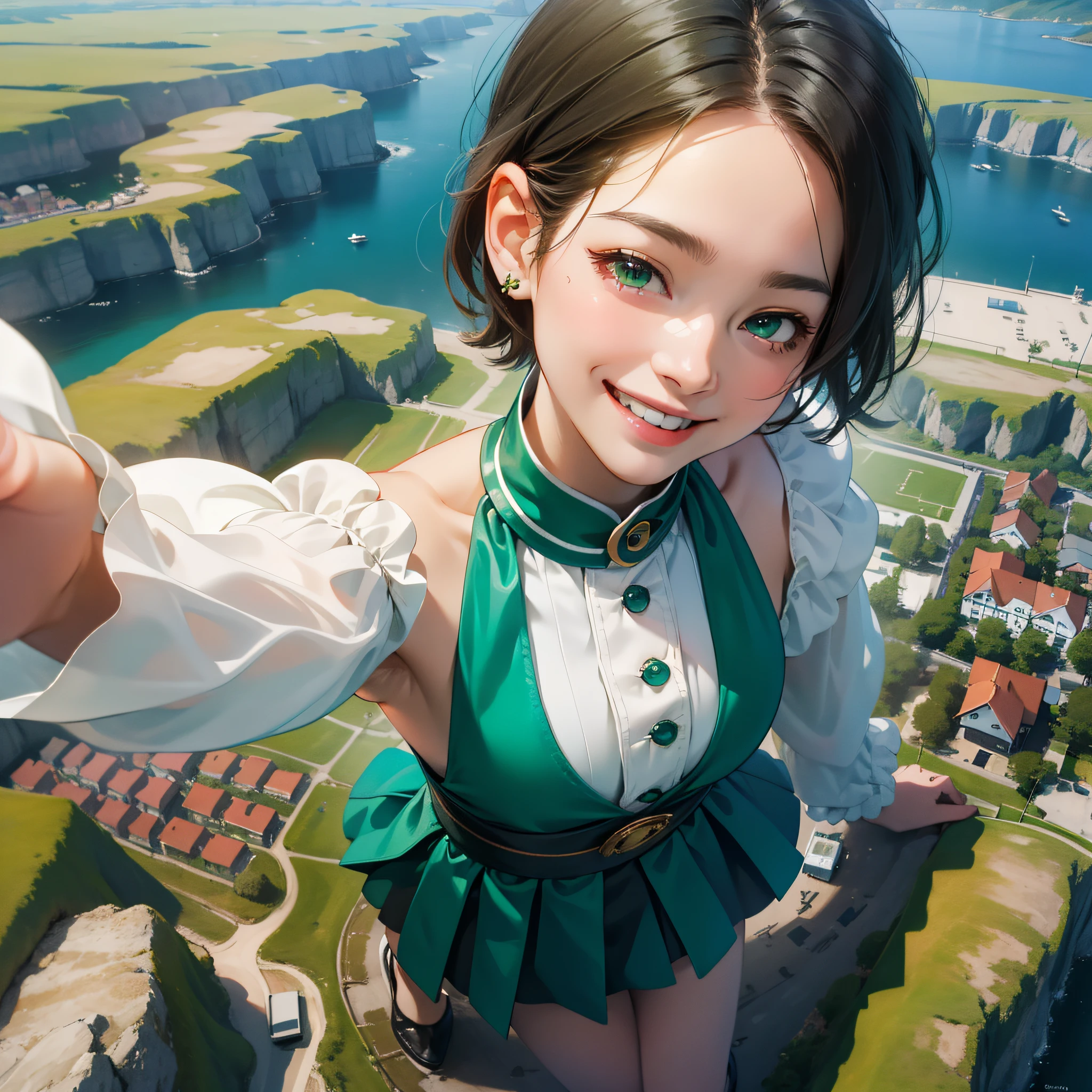 （in 8K、top-quality、​masterpiece:1.2)、1人の女性、(Smiling smile:1.1)、beautidful eyes、Valley、The upper part of the body、shorth hair、Like a boy 、Quirk hair、short-cut、Green View、
