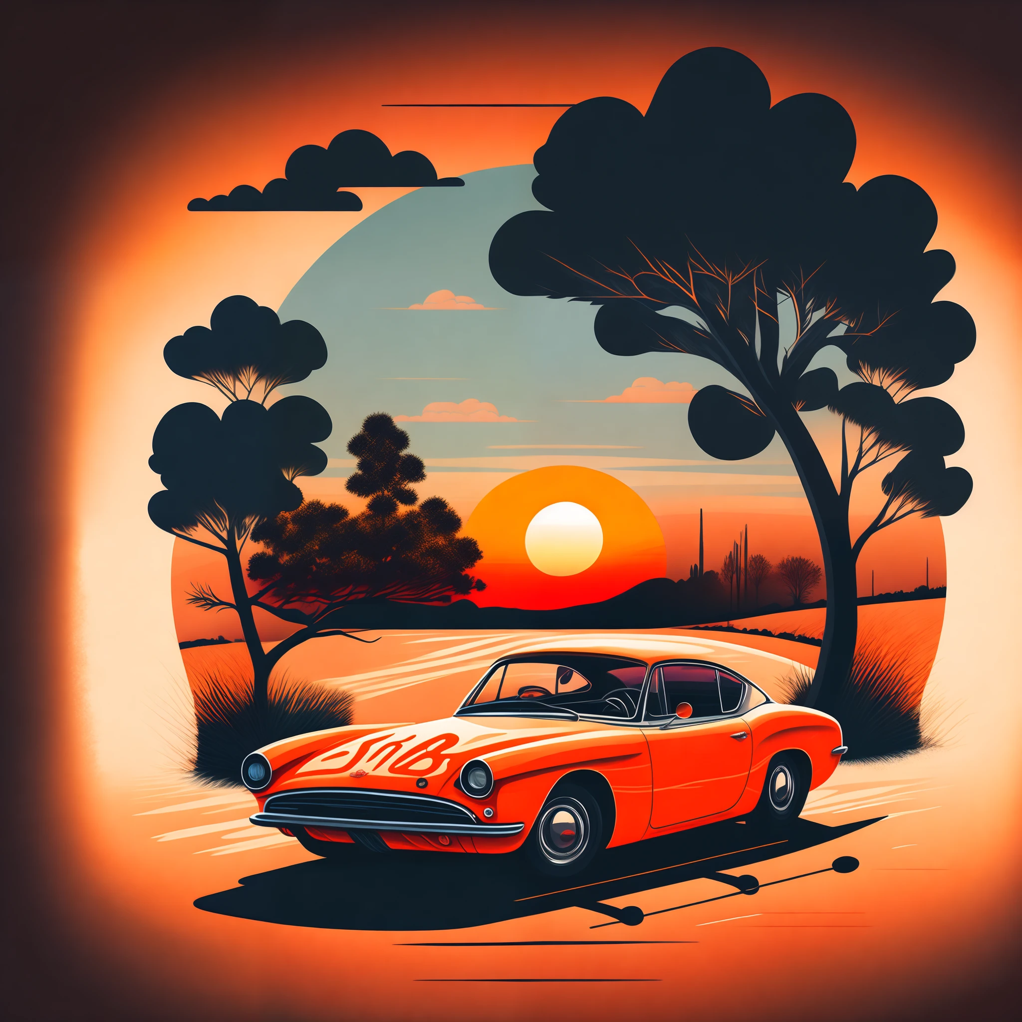 T-shirt design,Hand drawn illustrations, Nostalgic sports car on the road,Sunset，Tree shadow