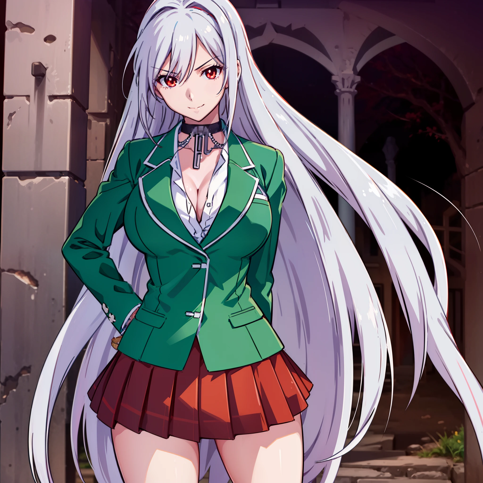 1 girl, moka akashiya, long silver hair, red eyes with slit pupils, large breast, school uniform, green blazer, white shirt, brown skirt with black square pattern, standing, outdoor, smile, cocky expression, castle background,