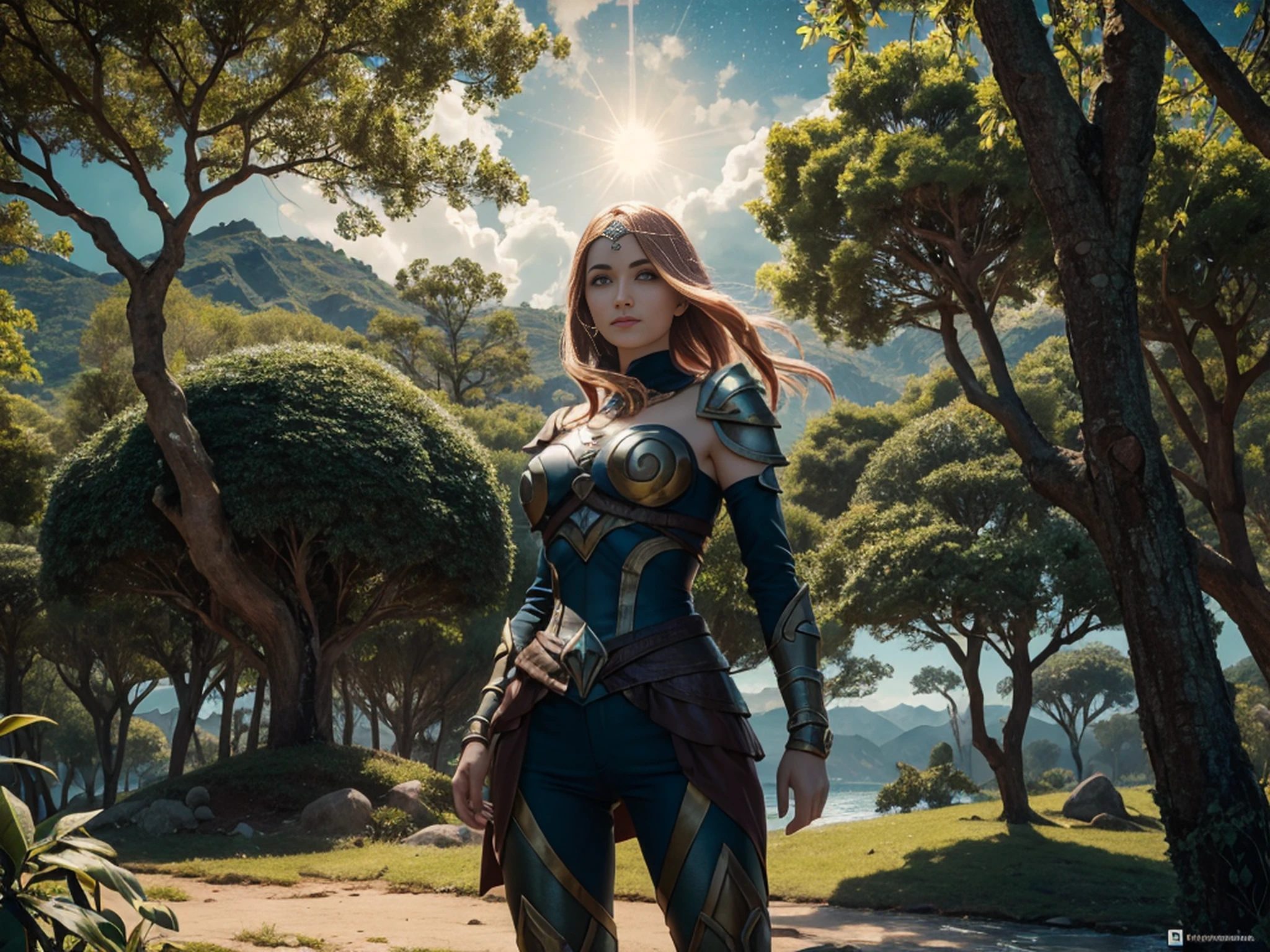 belo rosto descarrilado, sun sunset, uma jovem lindo, luxanna crownguard, league of legends, ((corpo inteiro)), solo, cabelo loiro, olhos azuis, blue pants, bodysuit azul, bodysuit, impossible bodysuit, faixa de cabelo castanho, cabelo longo, mangas longas, breastplate, pauldrons, armadura, Gold-Trim, armadura de ombro, obra-prima, papel de parede 8k, highres, fundo de alta qualidade, belo castelo, (sol), (magia: 1.2), deusa angelical, fantasia, eletricidade, brilho, hiper-detalhado, luz realista, hard lighting, detalhes intrincados, Illustration of a hyperrealistic scene, de outro mundo, Ultrasky with full body of a giant crystal tree, Very detailed and magical lighting, detalhes intrincados da floresta, vegetation and river around, solarpunk, paisagem, giant tree, beautiful leaves with beautiful lighting and realistic proportions, as if it were a cinematic background, 8k, max quality, obra-prima, Clouds and stars in the sky.