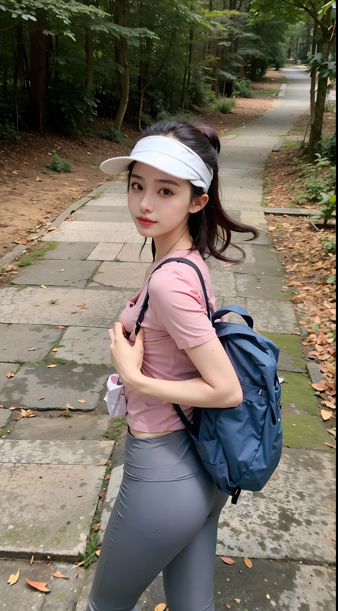 Wearing a pink shirt and(Gray leggings),Arad woman carrying a backpack, photo of slim girl model, photo of slim girl, Korean girl, with a backpack, Gorgeous young Korean woman, xintong chen, Open V chest clothes, 2 4 year old female model, korean women's fashion model, Beautiful young Korean woman, Choi Hyun-hwa