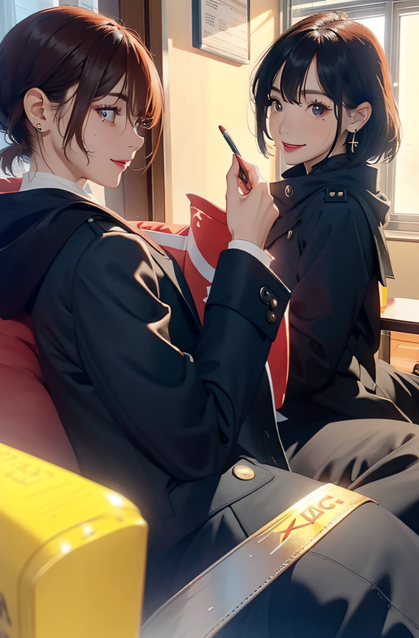 A female college student，Sunny and cheerful，Relatively handsome，Liso is capable，Sharp eyes，The bridge of the nose is high，Wears a black upright coat，Slightly exposed chest，Beautiful，A mole was dotted with the corner of his eye，A pair of lying silkworm eyebrows，Apply lipstick，With earrings，Life seems solemn
