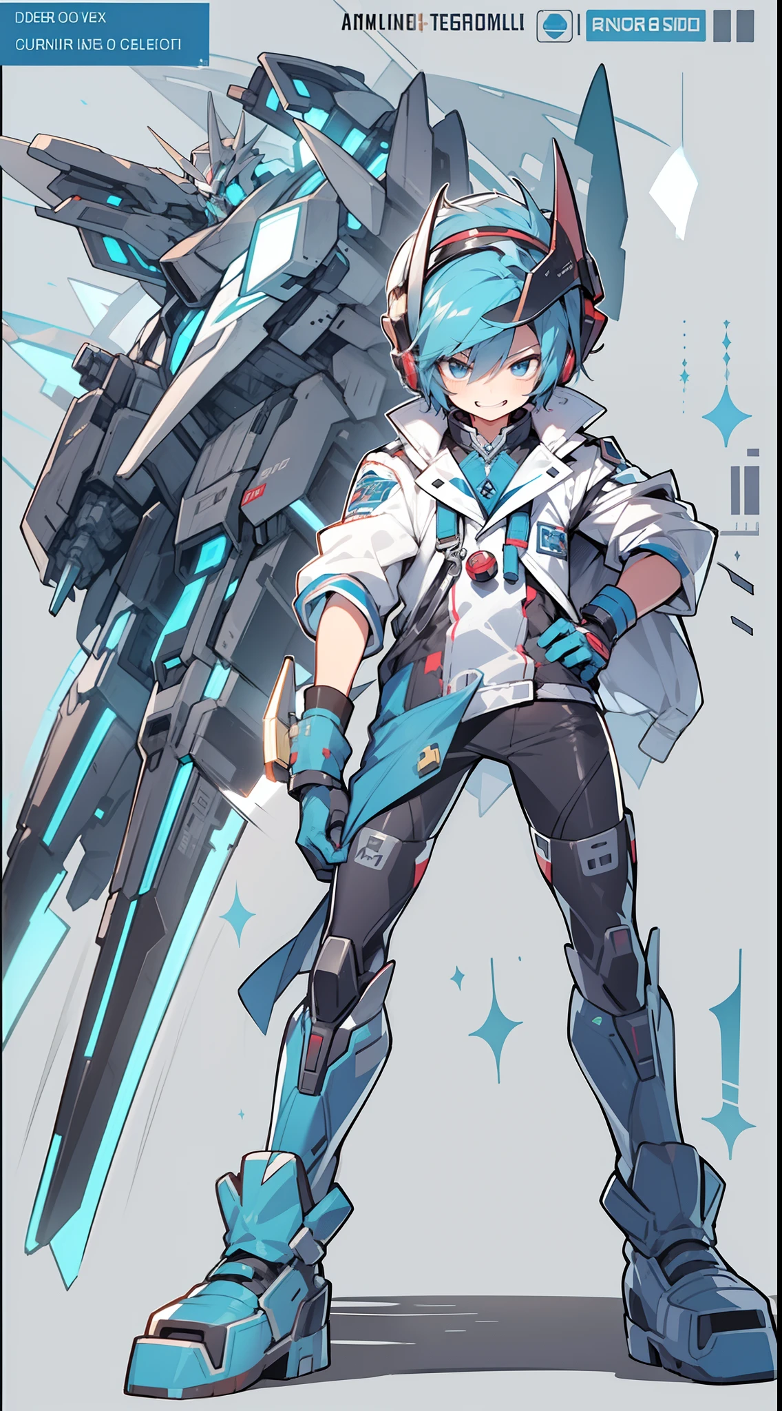 Game CG,8K quality,((younge boy)),Sense of childhood,Anime male protagonist,Mecha communication headset,Toothy smile,Fang,Silver and blue unibody mech set,Armoured gloves,Racing boots,driver,Lively,Running,Full body like