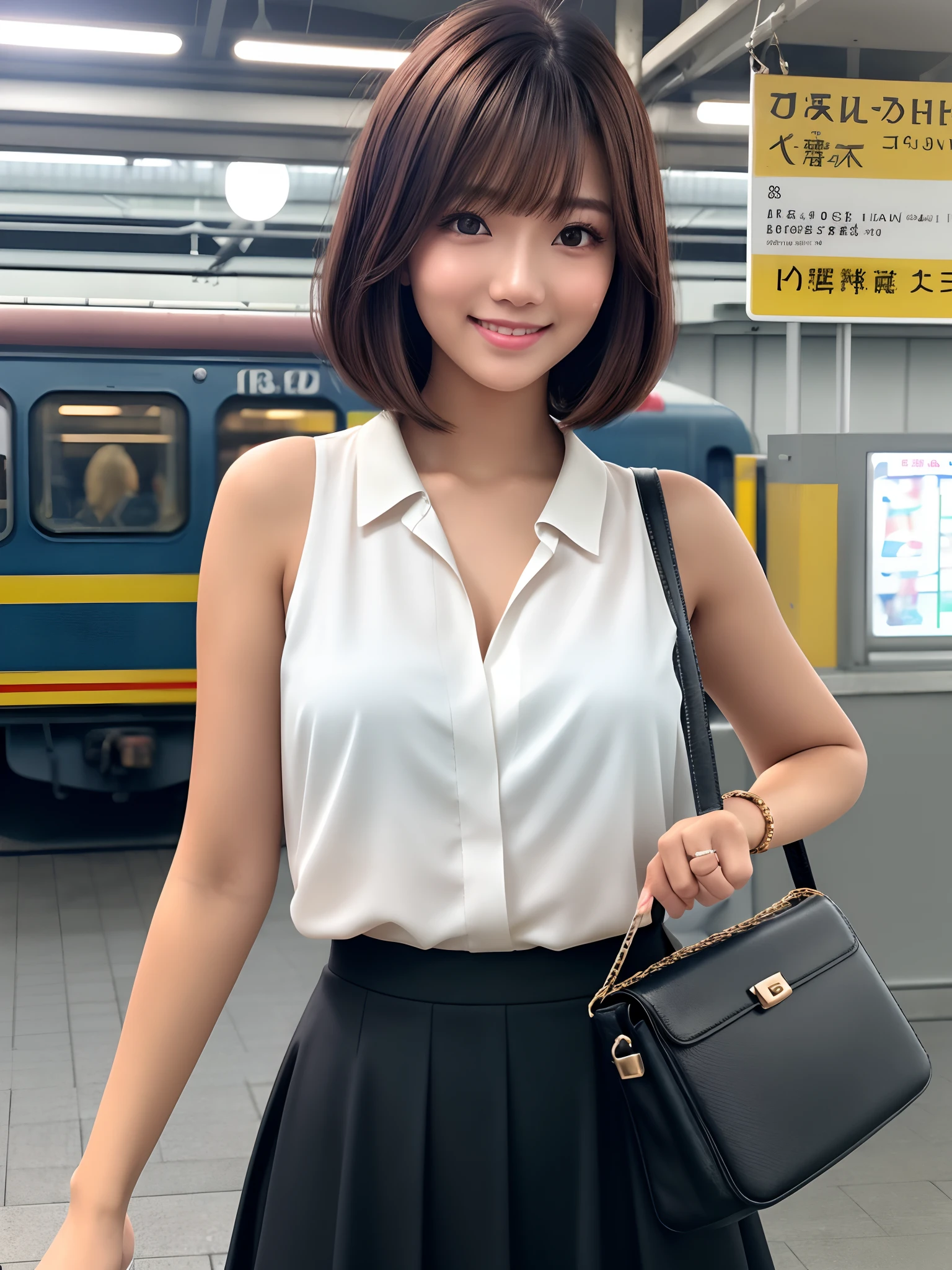 product quality, 1girl, upper body shot, front view, a Japanese young pretty girl, bob hair, waiting for a train on a platform in a crowded station with a big smile, in the evening, a shoulder bag, glamorous figure, busty, wearing a sleeveless white blouse with a collar, wearing black culottes skirt, hyper cute face, glossy lips, double eyelids in both eyes, natural makeup, long eyelashes, shiny smooth light brown hair of bob hair, asymmetrical bangs, tanned skin, central image, high resolution, high detail, detailed hairstyle, detailed face, cinematic lighting, octane rendering, vibrant, hyper realistic, perfect limbs, perfect anatomy
