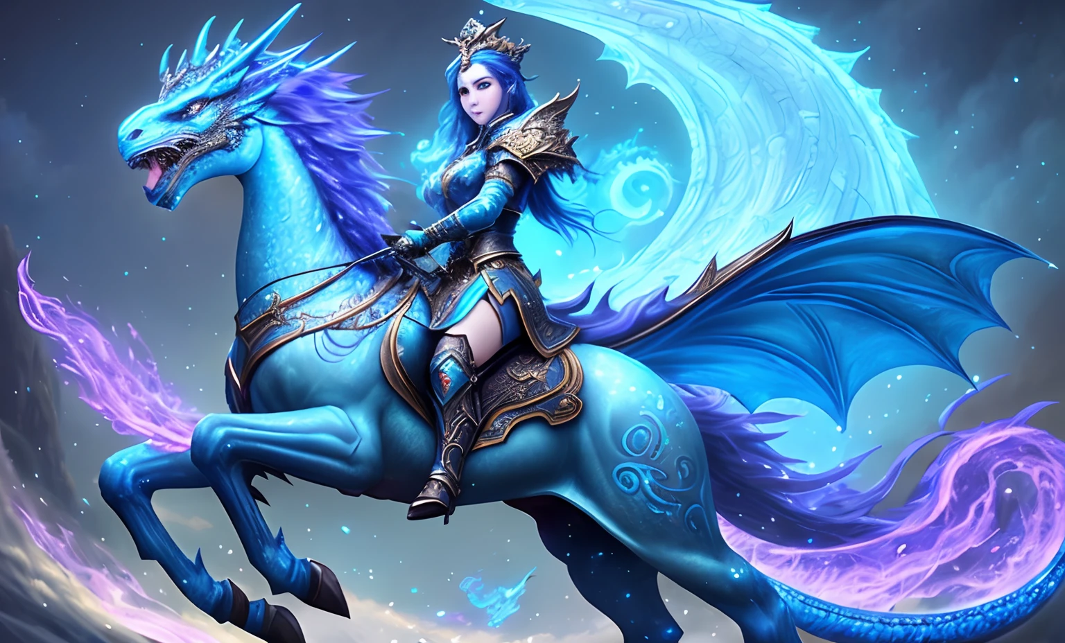 A woman riding a horse with a dragon on it......, epic fantasy art style hd, epic fantasy digital art style, epic fantasy art style, detailed fantasy art, detailed digital 2d fantasy art, detailed fantasy digital art, dragon inspired blue armor, cyan chinese dragon fantasy, beautiful celestial mage, High-quality fantasy art, Hearthstone Fantasy Art Style, fantasy art style