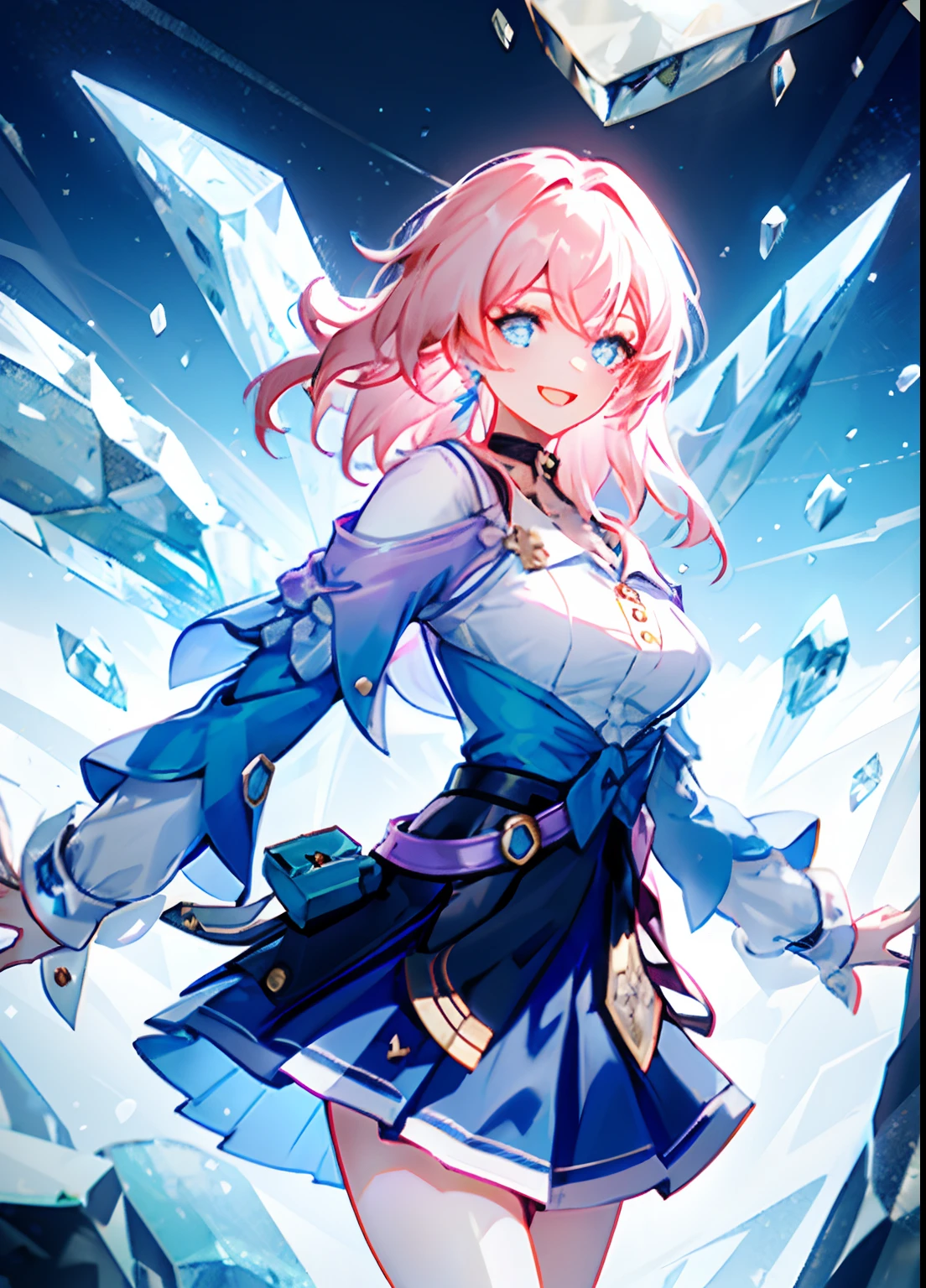 march 7th \(honkai: star rail\), 1girl, blue eyes, blue skirt, breasts, detached sleeves, earrings, ice, jewelry, long sleeves, medium breasts, medium hair, pink hair, shirt, skirt, solo, star \(symbol\), star earrings, white shirt