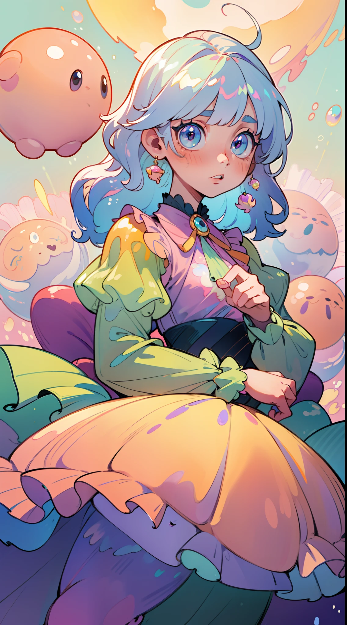 masterpiece, best quality, 8k resolution, sharp focus, intricate detail, beautiful girl, sparkling eyes, golden ratio face, otherworldly liquid, watercolor, pastel colors, bright colors, whimsical, colorful, sharp focus, high resolution, fine detail, ((layered tiered puffy long sleeves ballgown)), ((round eyes)), iridescent bubbles, fantasia background