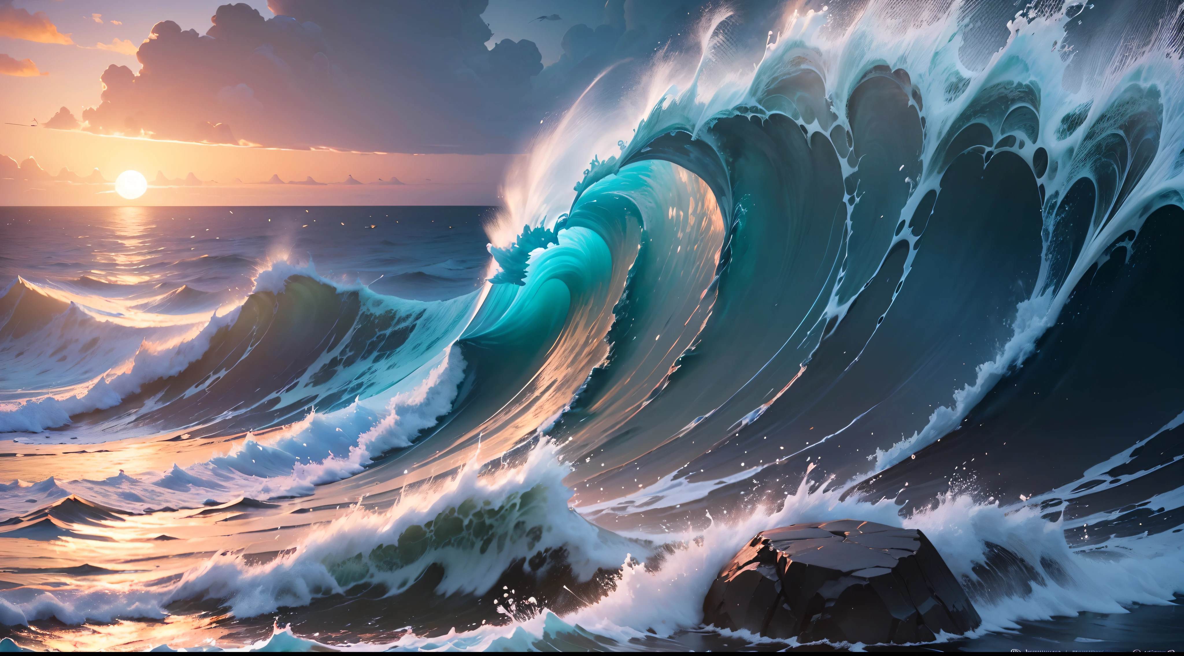 "(ultra-detailed CG unity 8k wallpaper, masterpiece, best quality, depth of field, HDR, intricate), (no human), delicate, post processing, impressive, majestic ocean waves crashing against the rocky shore, serene and vast, with a breathtaking sunset casting mesmerizing hues on the shimmering waters."