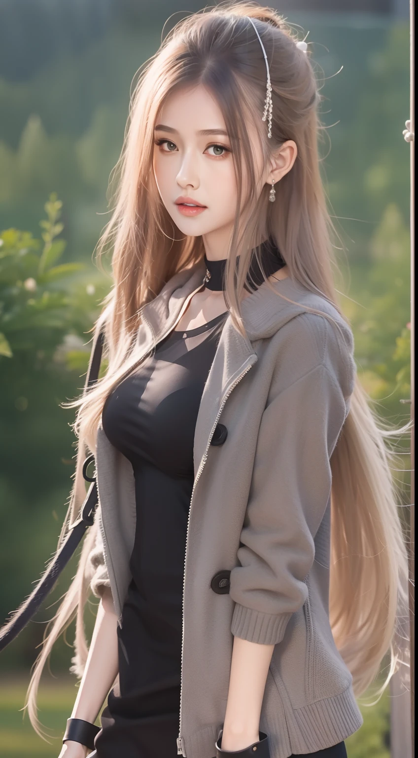 Fashion model 18 years old [[[[closeup cleavage]]]], [[[[boobgasm]]]], [[[[coll]]]], [[[[bshoulders]]]], perfect  eyes, Perfect iris，Perfect lips，perfect teeth，Perfect skin，with fair skin，Long face，Slender nose，tall nose bridge，Soft front light，hdr，Movie girl，simple clothing，brunette color hair，long whitr hair，Long black hair，The background is outdoors，green trees（pastel colour：1.2）