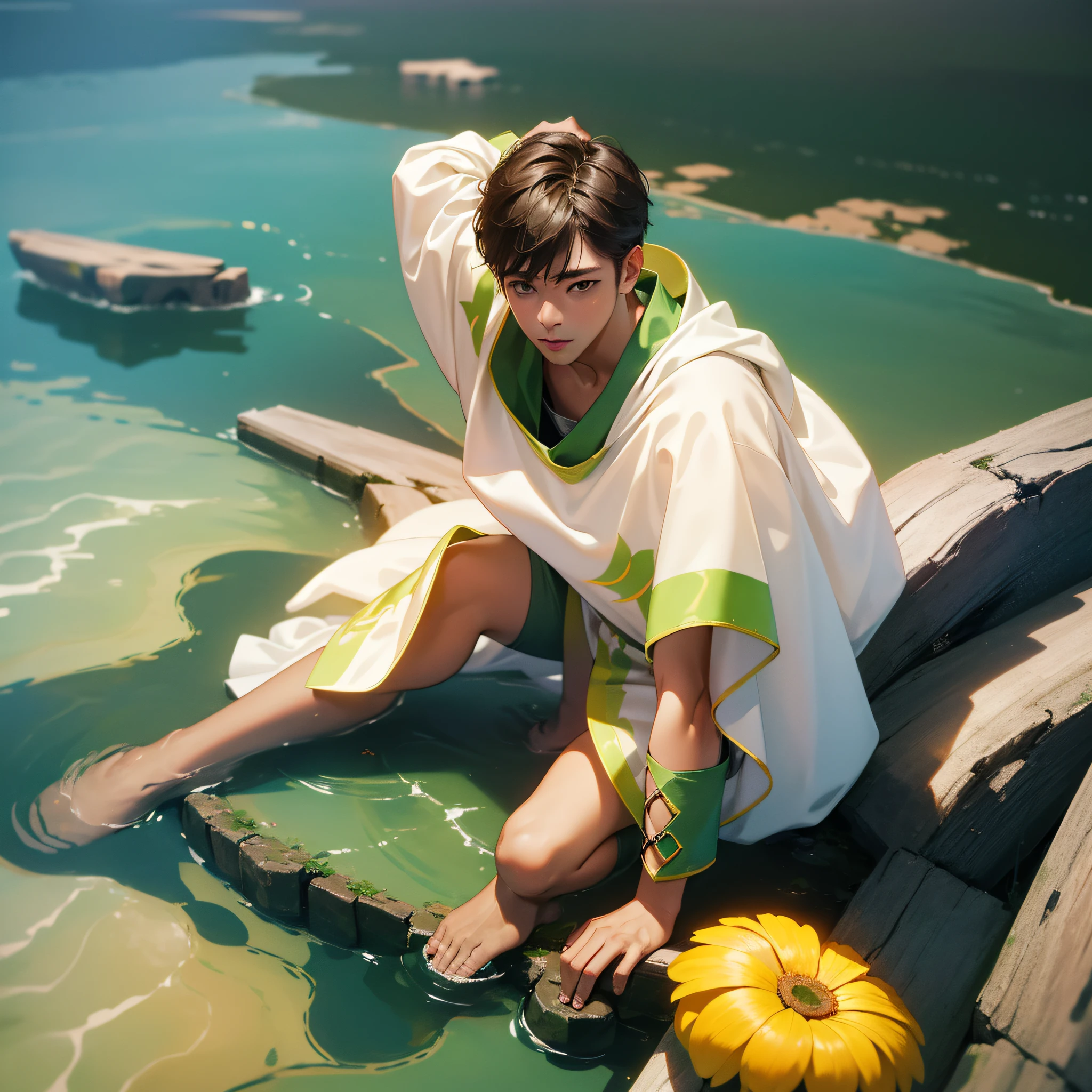 (in 8K、top-quality、​masterpiece:1.2)、1 boy、short-haired、Hair short、Brown-skinned、Green View、