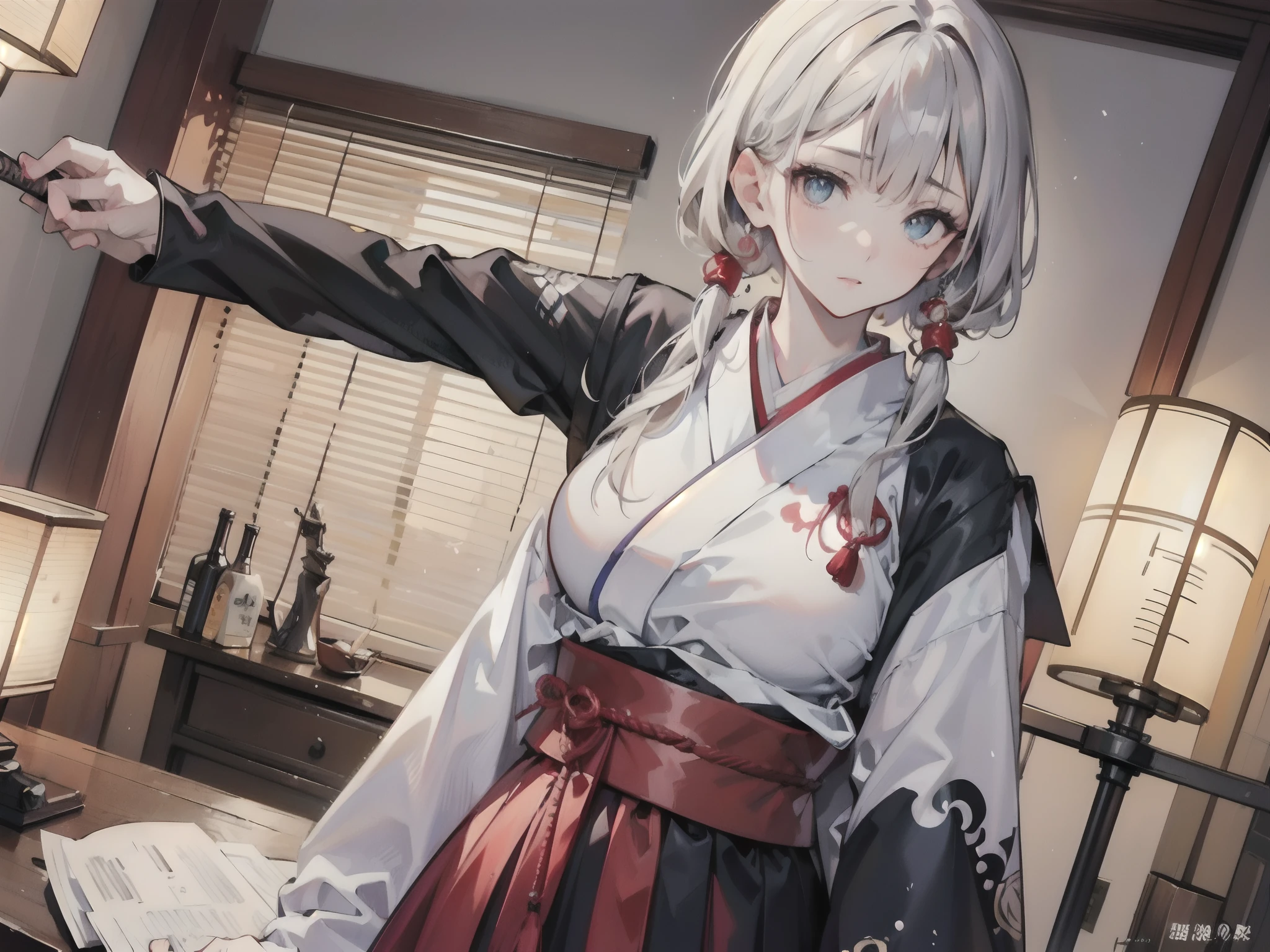 (Photorealsitic:1.4), fullllbody, Dynamic Angle, 1girl in, ((独奏:1.4)), (beautifully detailed eyes), (beautiful and detailed face), Perfect female body, (neat figure:1.2), Slender waist, (18year old),Very big eyes, watery lips, (Sober haori hakama:1.4),(Red neckband and black gauntlet),(Slash with a Japan sword:1.4),(top-quality), (ultra-detailliert), (masuter piece), (hight resolution), (Original), (the Extremely Detailed CG Unity 8K Wallpapers), Character Design, Game CG, Detailed Manga Illustration, Realistic head-to-body size ratio:1.2