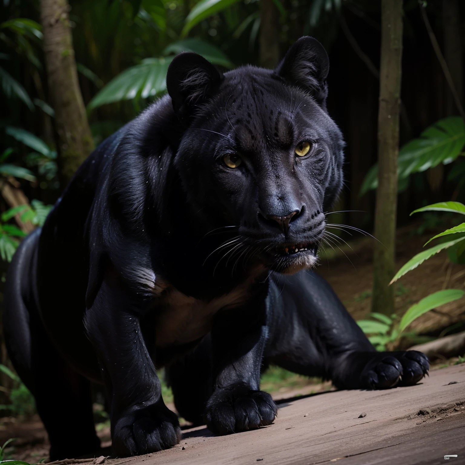 Ferocious black jaguar roaring in Peru's Amazon rainforest, con manchas de jaguar visibles por encima del pelaje negro, gran angular, imagen en 3D, resolucion 32K, octanaje render, detalles intricados, ultra detallado, volumetric illumination, efecto de vidrio roto. Estilo: Photographic 50mm lens, apertura F 2.5. Sugerencias: No debe salir: Borroso, feo, 2 cabezas, 2 caras, malas proporciones, mala anatomia, mal arte, mal dibujado, cara mal dibujada, mutado, mutilado, morbid, extremidades perdidas, extremidades. flotantes, extremidades extras, extremidades fusionadas, fuera de foco, low res, carton, plastico