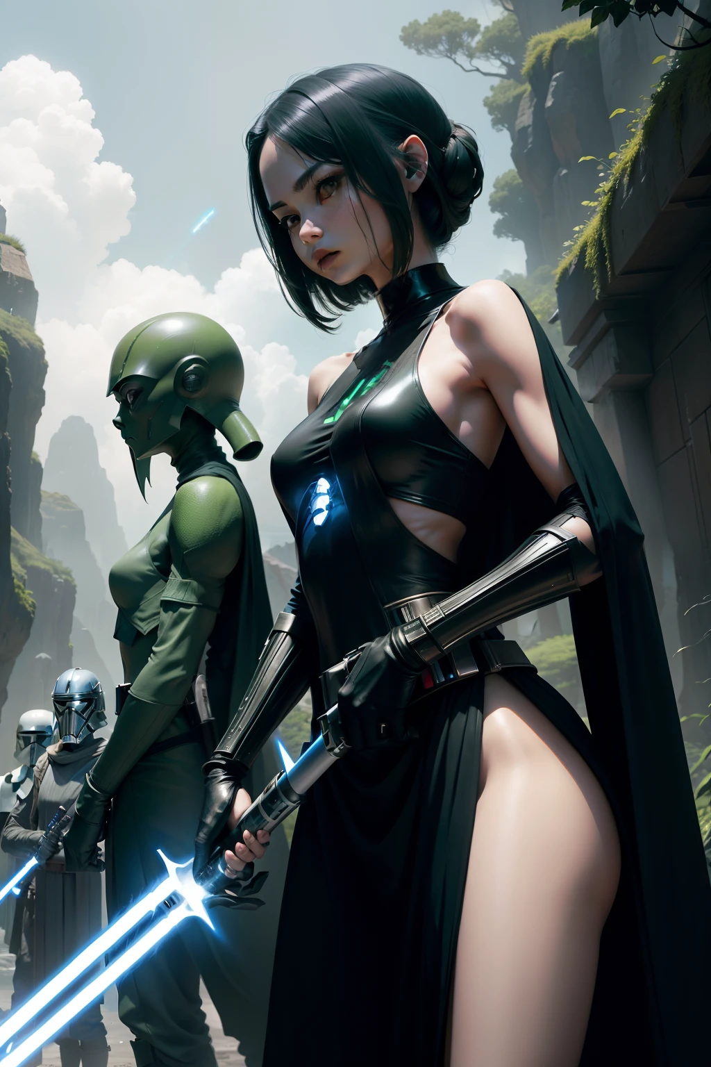 StarWars、jedi knight、Insect humans、Ultra-slender body shape、Lightsaber in hand、greenr&Black metallic body、Righteous heroes、Spooky alien landscape、