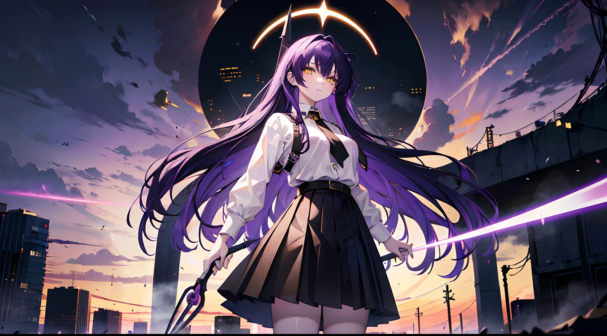 1girl, long purple hair, yellow eyes, wearing white shirt, long black skirt, apocalyptic city swallowed up by black holes, majestic pose, holding big purple scissors, looking at viewer, absurdres, high res, ultrasharp, 8k, masterpiece