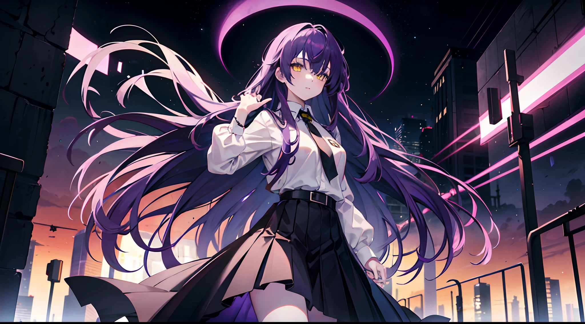 1girl, long purple hair, yellow eyes, wearing white shirt, long black skirt, apocalyptic city swallowed up by black holes, majestic pose, holding big purple scissors, looking at viewer, absurdres, high res, ultrasharp, 8k, masterpiece