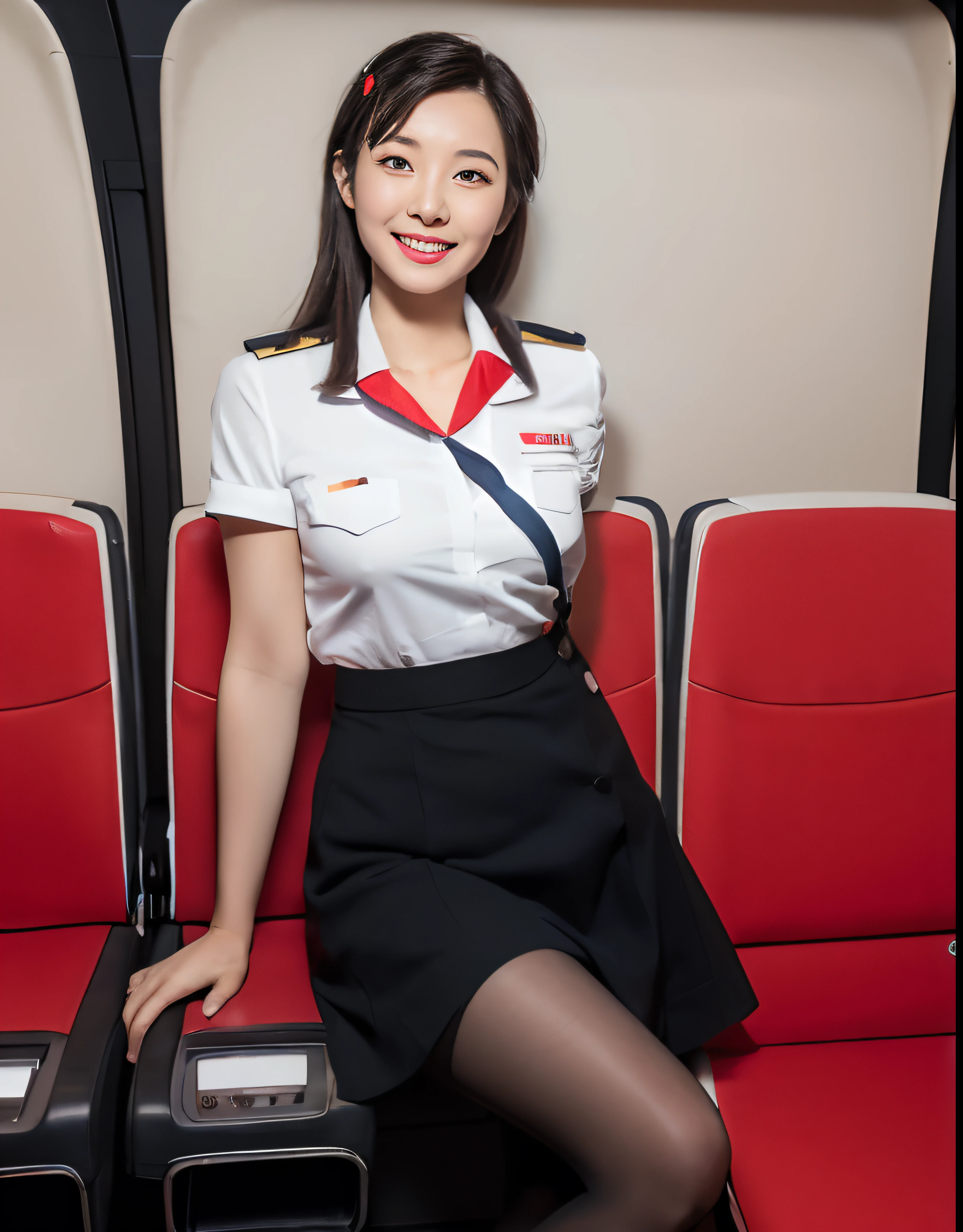 Full body of Korean stewardess in 20s, red skirt uniform, black heels, tan pantyhose,in airplane cabin with seats, huge size, long black hair, relaxing smile,(8k, Best Quality: 1.2), (Masterpiece, Photorealistic: 1.3), Super Detail, anatomically correct