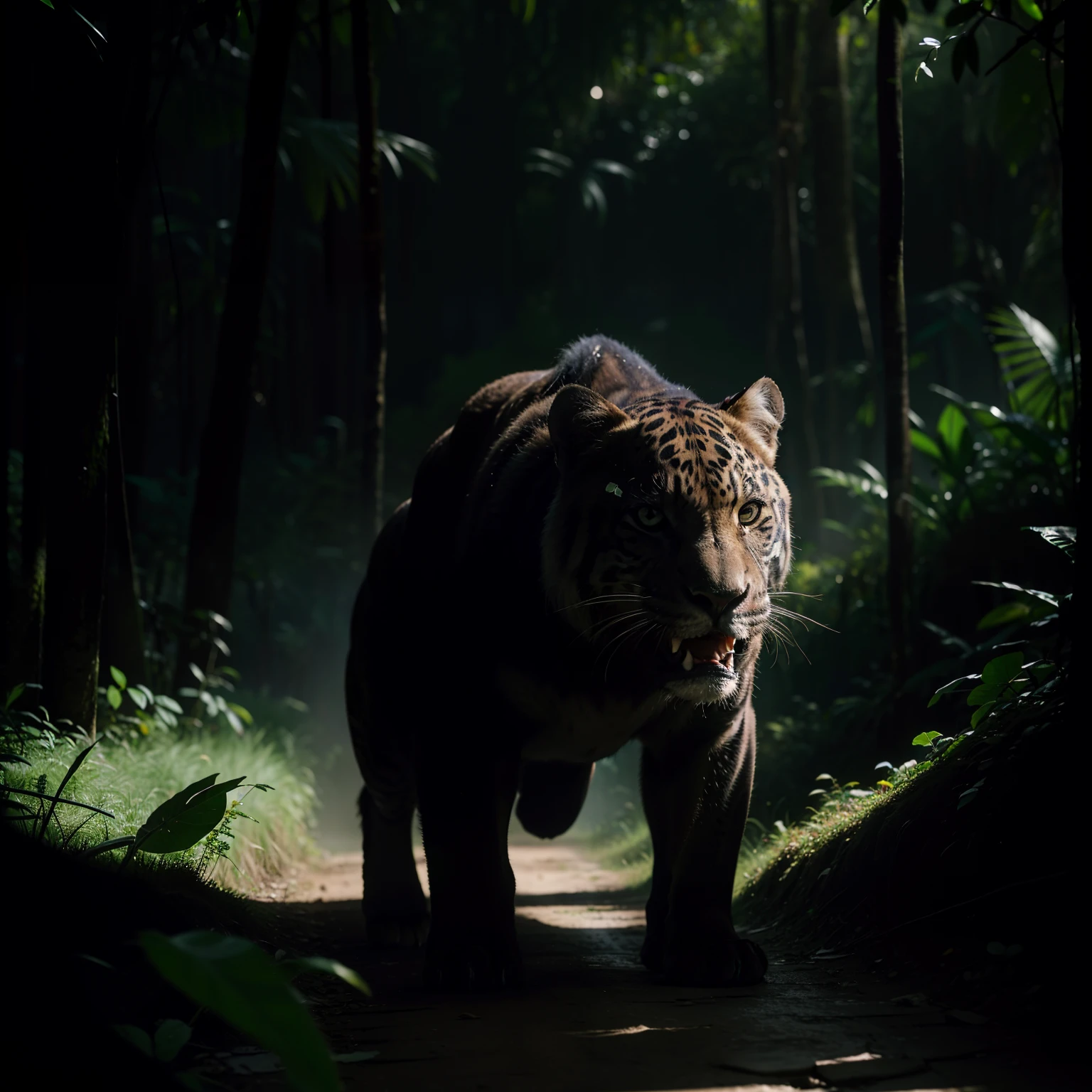 Ferocious black jaguar roaring in Peru's Amazon rainforest, con manchas de jaguar visibles por encima del pelaje negro, gran angular, imagen en 3D, resolucion 32K, octanaje render, detalles intricados, ultra detallado, volumetric illumination, efecto de vidrio roto.              Estilo: Photographic 50mm lens, apertura F 2.5. Sugerencias: No debe salir: Borroso, feo, 2 cabezas, 2 caras, malas proporciones, mala anatomia, mal arte,   mal dibujado, cara mal dibujada, mutado, mutilado,     morbid, extremidades perdidas, extremidades.              flotantes, extremidades extras,  extremidades              fusionadas, fuera de foco, low res, carton, plastico