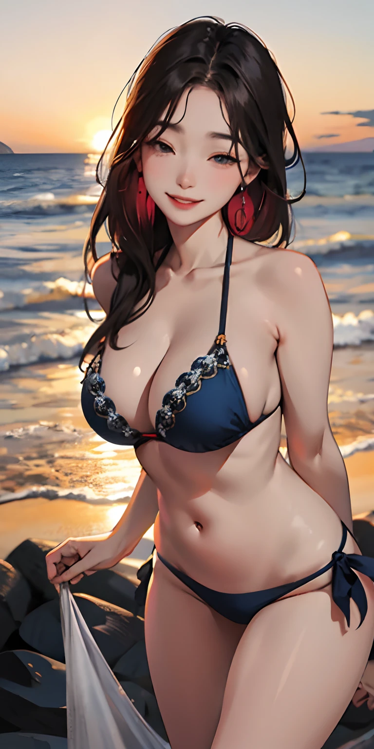 realisticlying、Real adult women、A slightly larger sea accentuates the sunset、Smile sexily、Cleavage emphasis、Face Real、Bikini Wearing、faces、Chest zoom