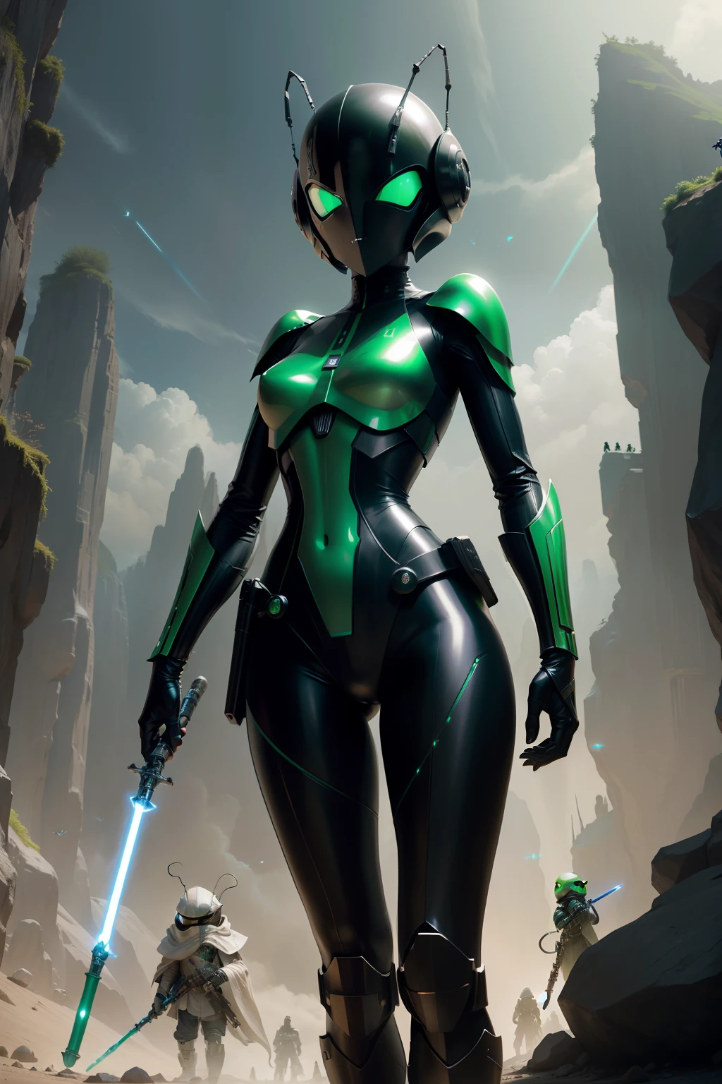 StarWars、jedi knight、Insect humans、skinny body shape、Insect face、Compound eyes、Lightsaber in hand、greenr＆Black metallic body、Righteous heroes、Spooky alien landscape、