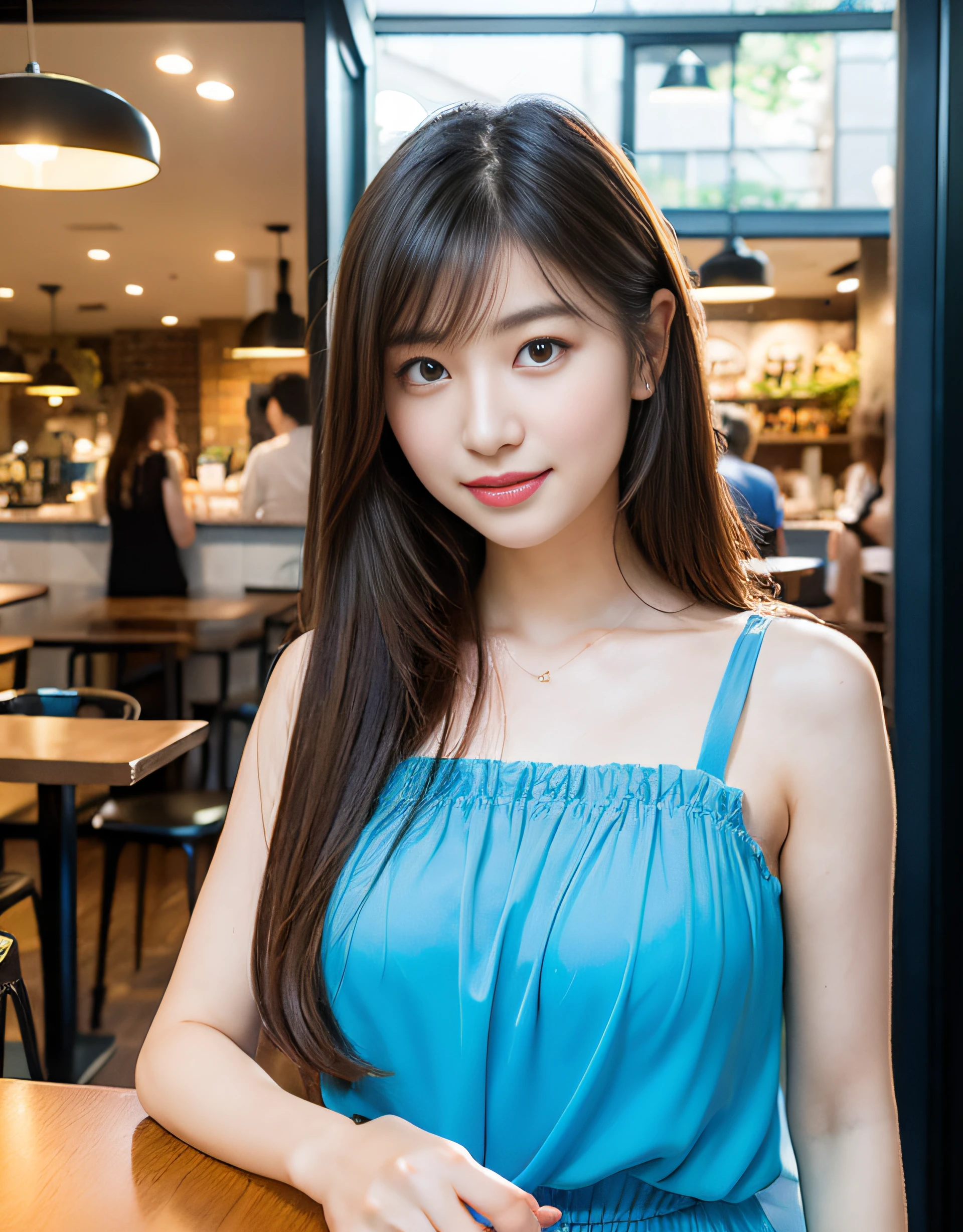 Best quality, masterpiece, super resolution, portrait of a woman with long hair and blue dress, (Photorealsitic:1.4), one girl, no background, beautiful young Japanese woman, young lovely Japanese face, gorgeous young Japanese woman, beautiful asian face, young asian woman, (((whole body))), (cafe interior background),