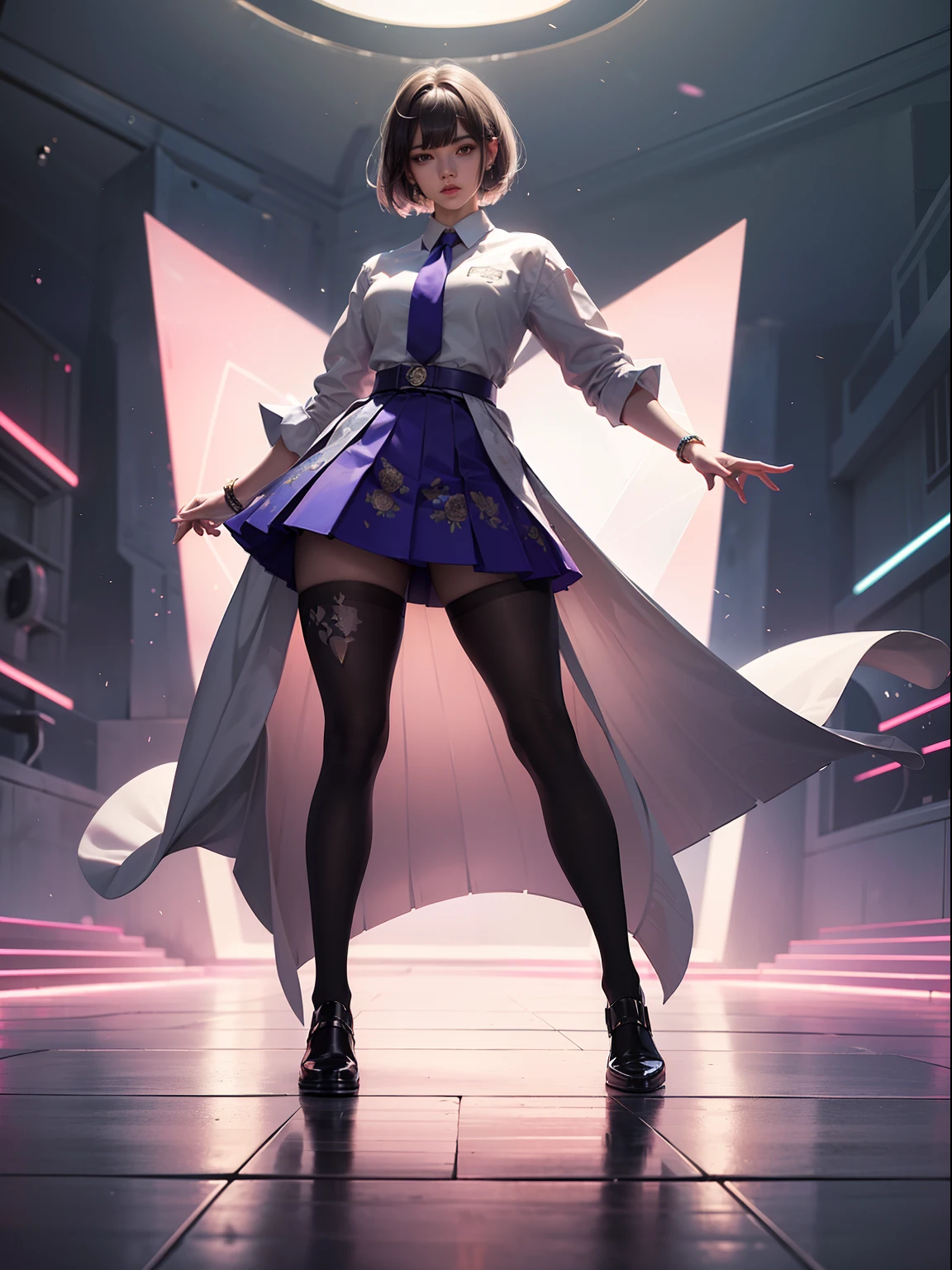 (full body:1.5)，(looking at viewer:1.4)，(anatomy correct:1.3)，(In the paradise of the day:1.3),(Wearing Very thick Printed Pantyhose and JK Student Dress Printed Pleated Skirt and JK uniform leather shoes，and a large amount of jewellery :1.3), (A high jump posture:1.3),(In pink|amarelo|blue colors|green color|red colour|white colors|black in color|purpleish color|greys|Beige|Flesh color 1.4)，,(Accurate and perfect face:1.4),(Clothing Gloss:1.25),(Skin reflection:1.25),hyper HD, Ray traching, reflective light，structurally correct, Award-Awarded, high detal, lightand shade contrast, Face lighting，cinmatic lighting, tmasterpiece, super detailing, high high quality, high detal, best qualityer, 16k，high contrast,