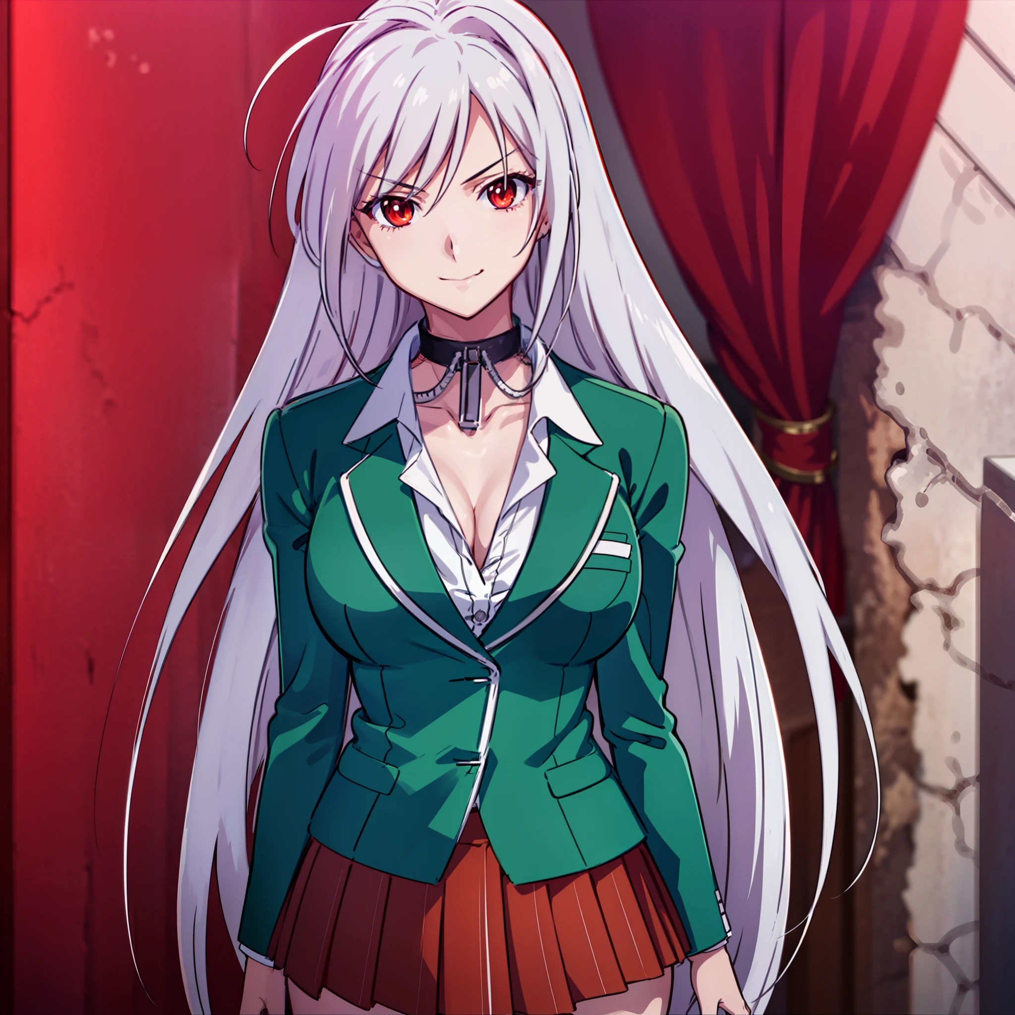 1girl, moka akashiya, long silver hair, red eyes with slit pupils, large breast, school uniform, green blazer, white shirt, brown skirt with black square pattern, standing, outdoor, smile, cocky expression, school background,