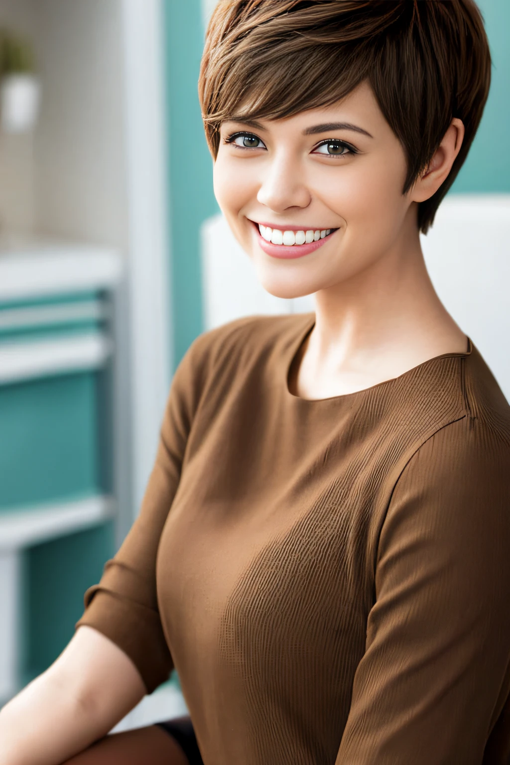 a pixie cut A big smile Brown hair
