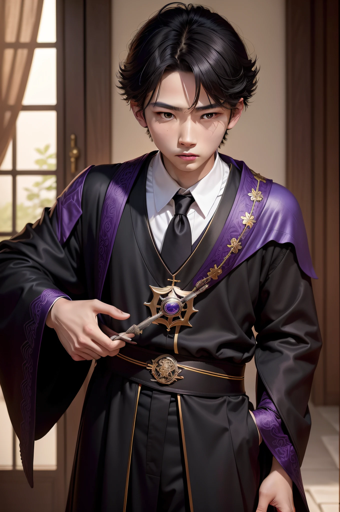 (8k, RAW photo, best quality, masterpiece:1.2), (realistic, photo-realistic:1.4), ultra-detailed, (chinese ager boy 17 yhite skin, mahoutokoro magic and witchery school, magic student style,perfect detail, handsome, (image with face focus), upper body focus, castle interior background with pillars or paintings, black slim kimono uniform with dark purple details, hogwarts