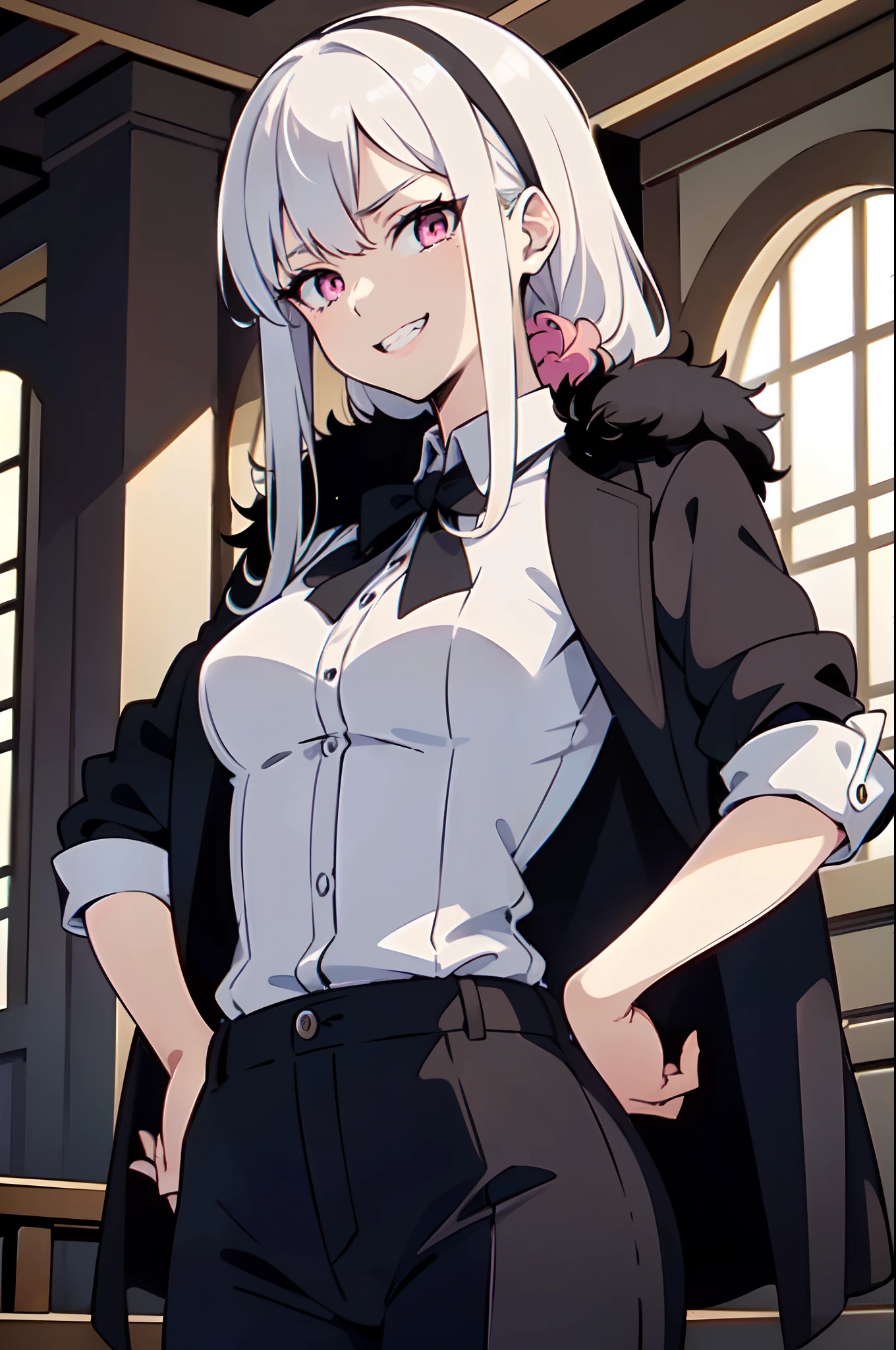 (((masterpiece, illustration, best quality))), 1girl, solo, (Scenenary: Indoors, in a pirate ship), ((wearing a white button shirt)) and a ((black fur-coated jacket, jacket on shoulders)), platinum white hair, pink eyes, grin, evil smile, sadistic smile, shaded eyes, long hair, ((low-tied long hair, tied with a scrunchie)),, medium-small breasts, perfect body, fit body, ((hand on hip)), standing, looking at viewer, head tilt, ultra-detailed, ((with a menacing mafia aura)), ((the mafia queen is looking down at the thugs, with a hand on her hip))